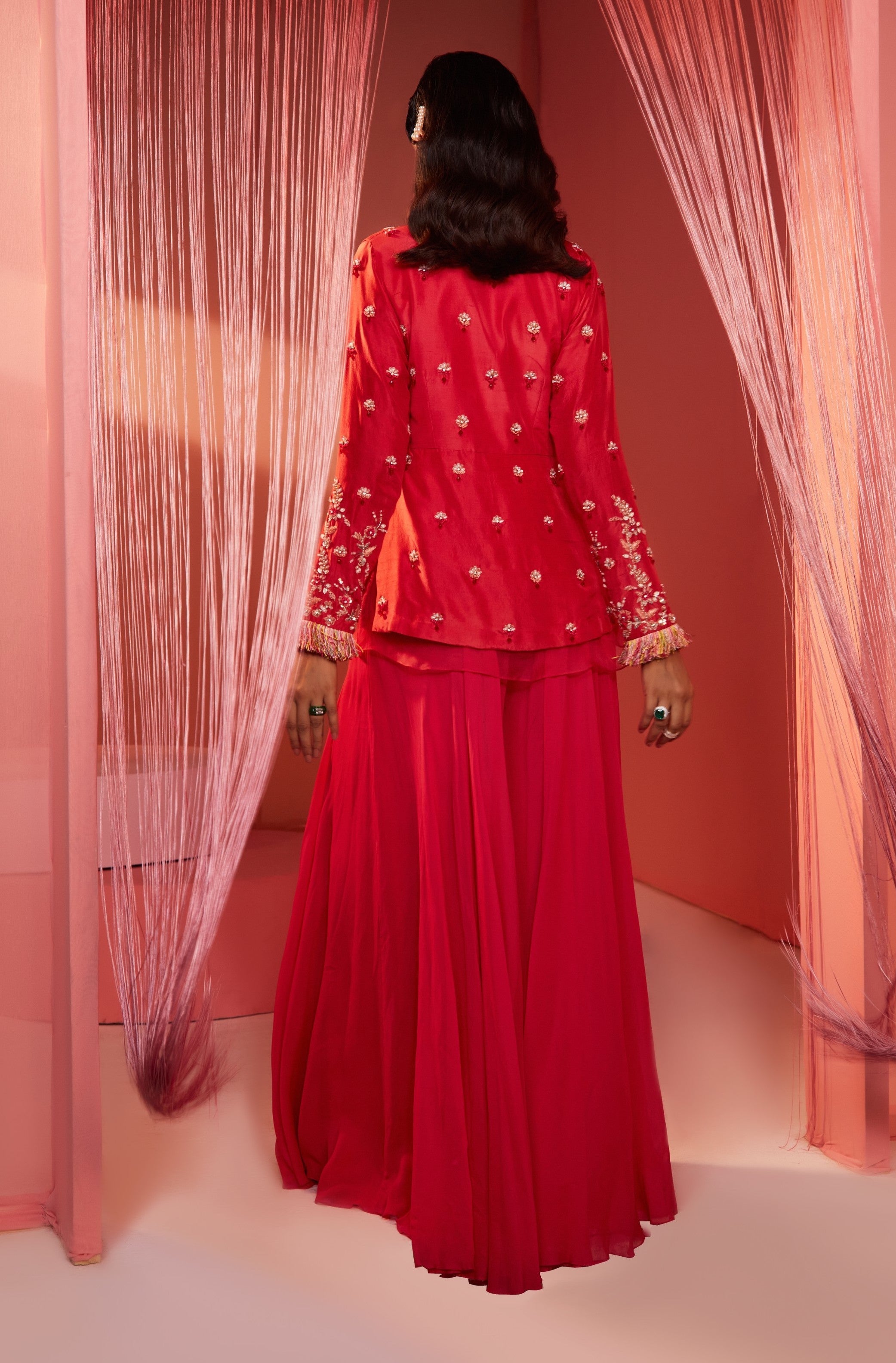 Aisha – coral georgette suit, bisouNYC