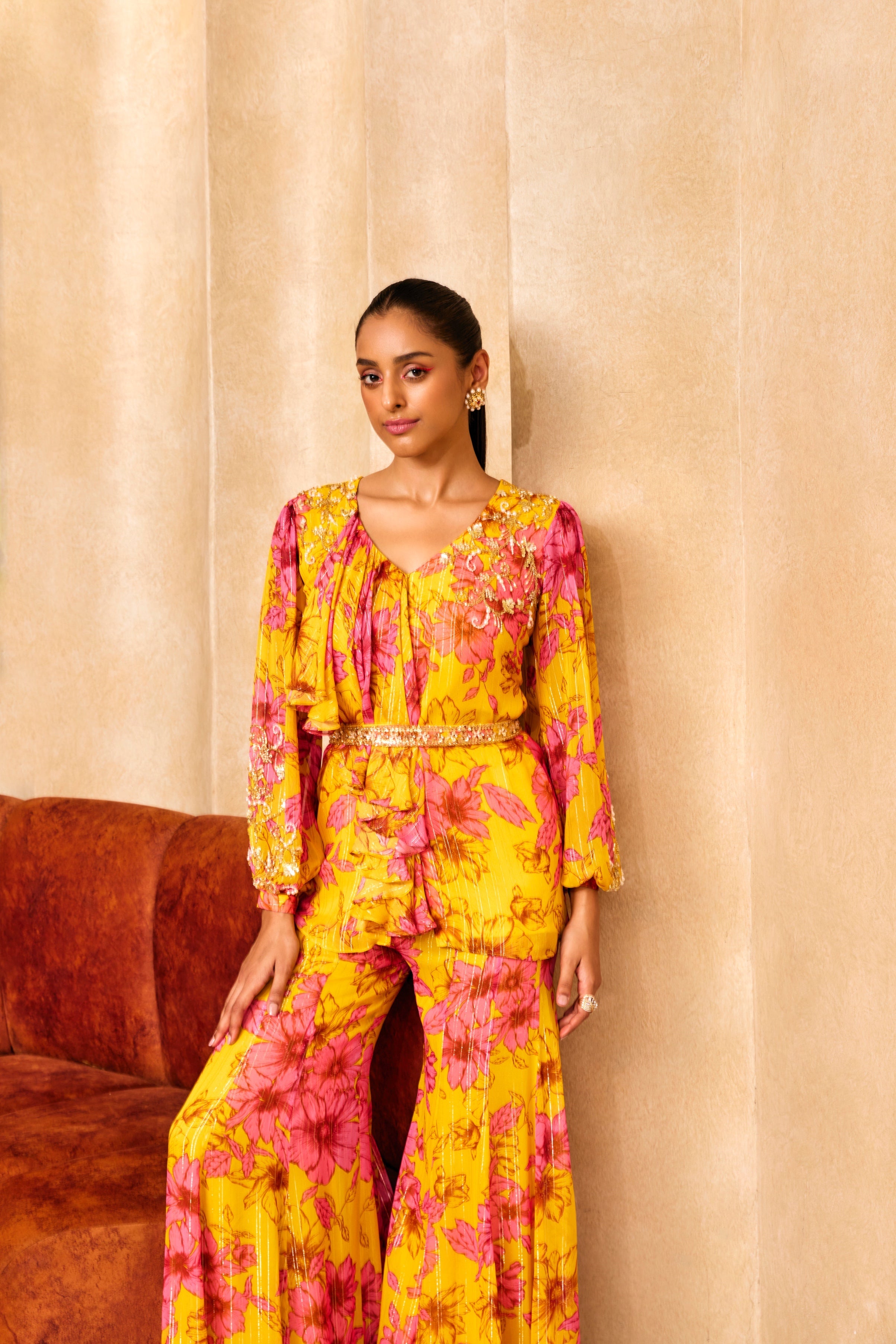 Alana – yellow georgette suit, bisouNYC