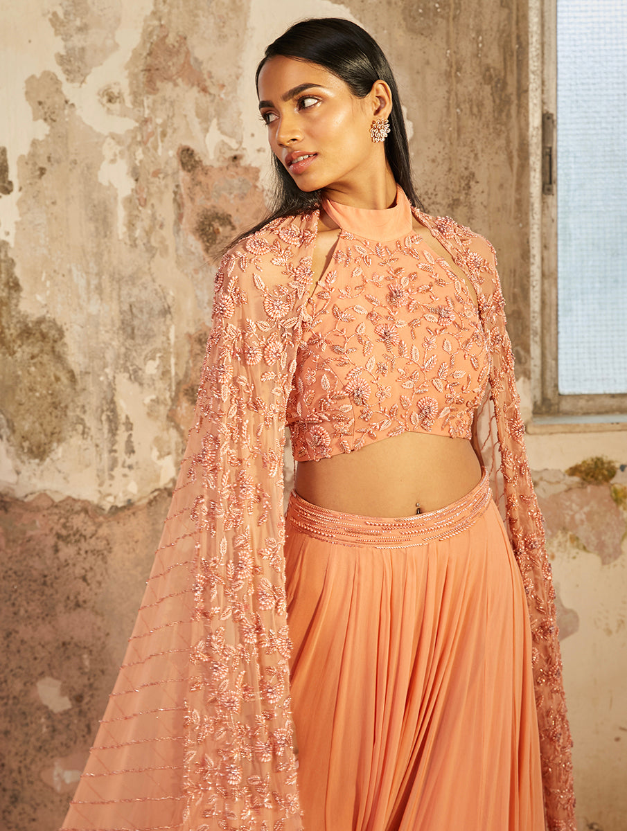 Amelia – peach georgette lehenga, bisouNYC