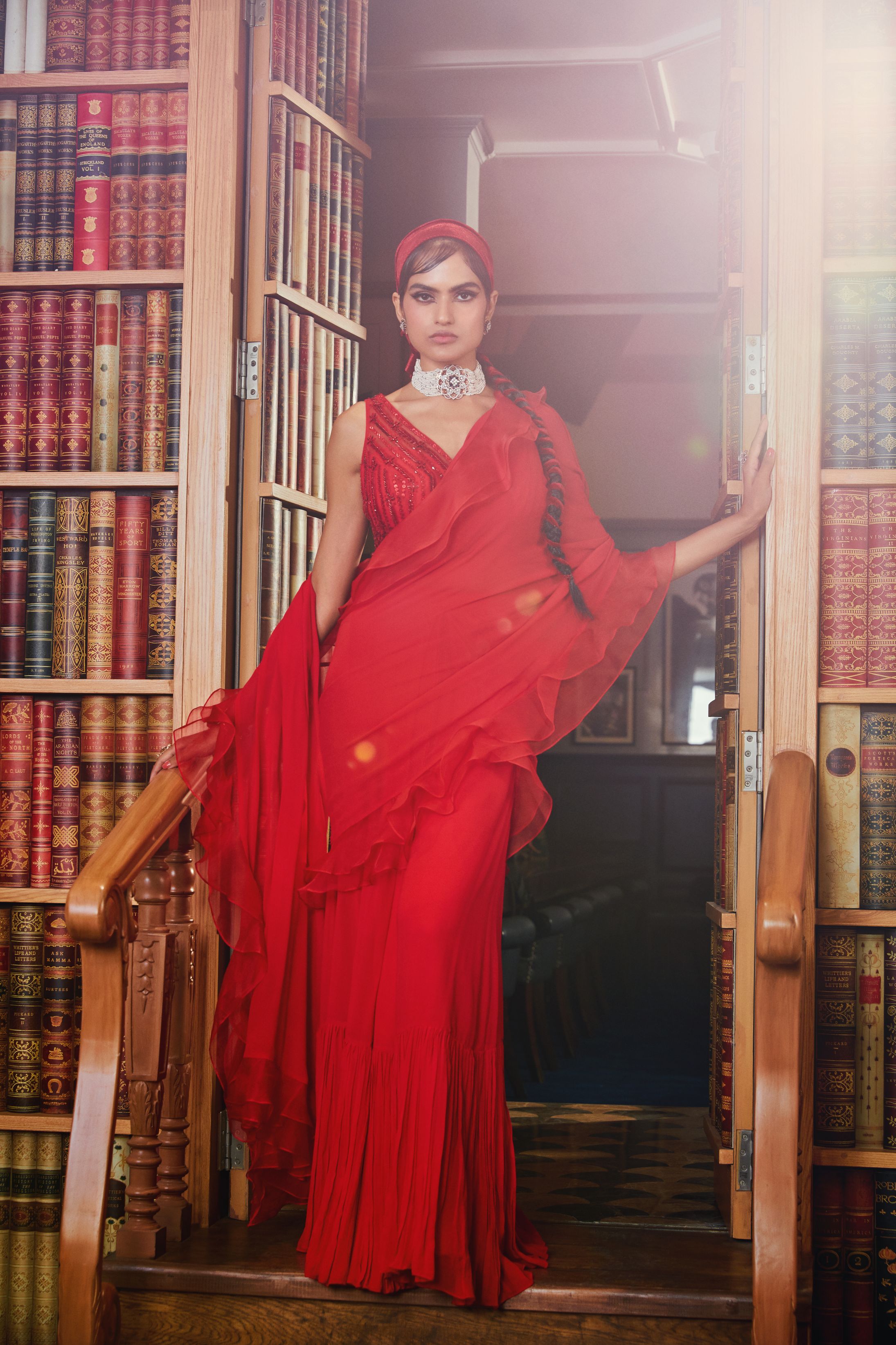 Aneesha – red organza saree, bisouNYC