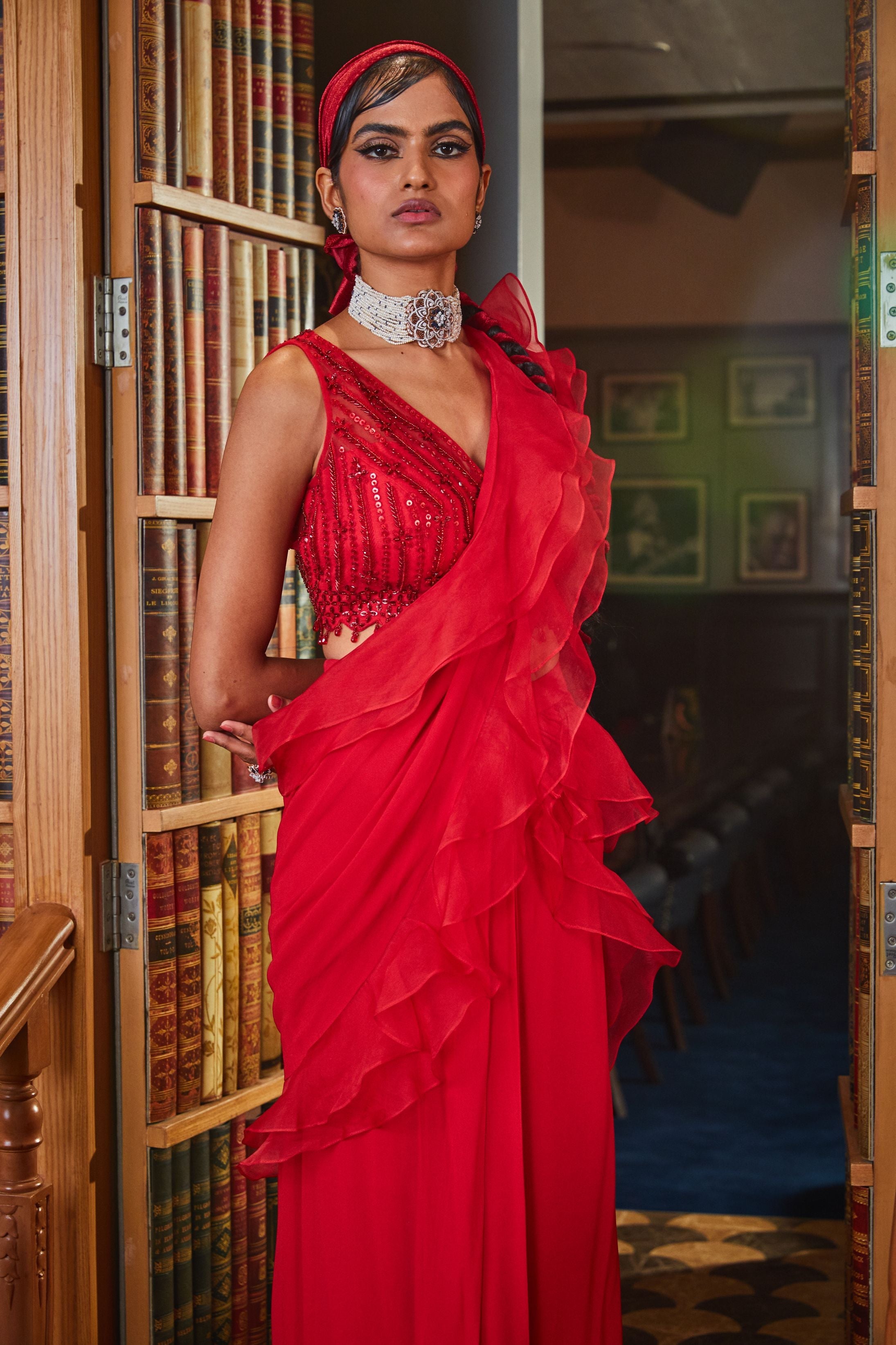 Aneesha – red organza saree, bisouNYC