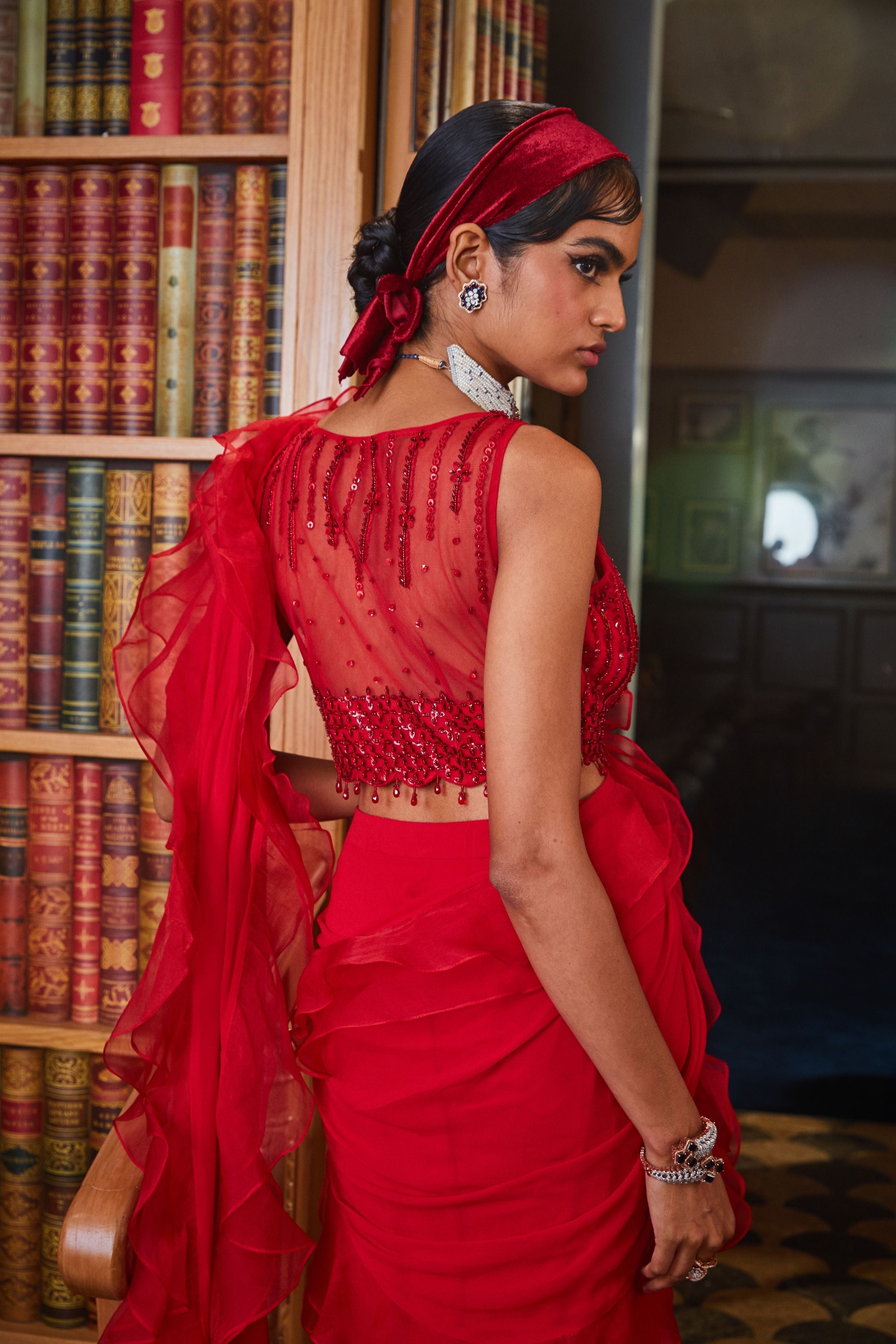 Aneesha – red organza saree, bisouNYC
