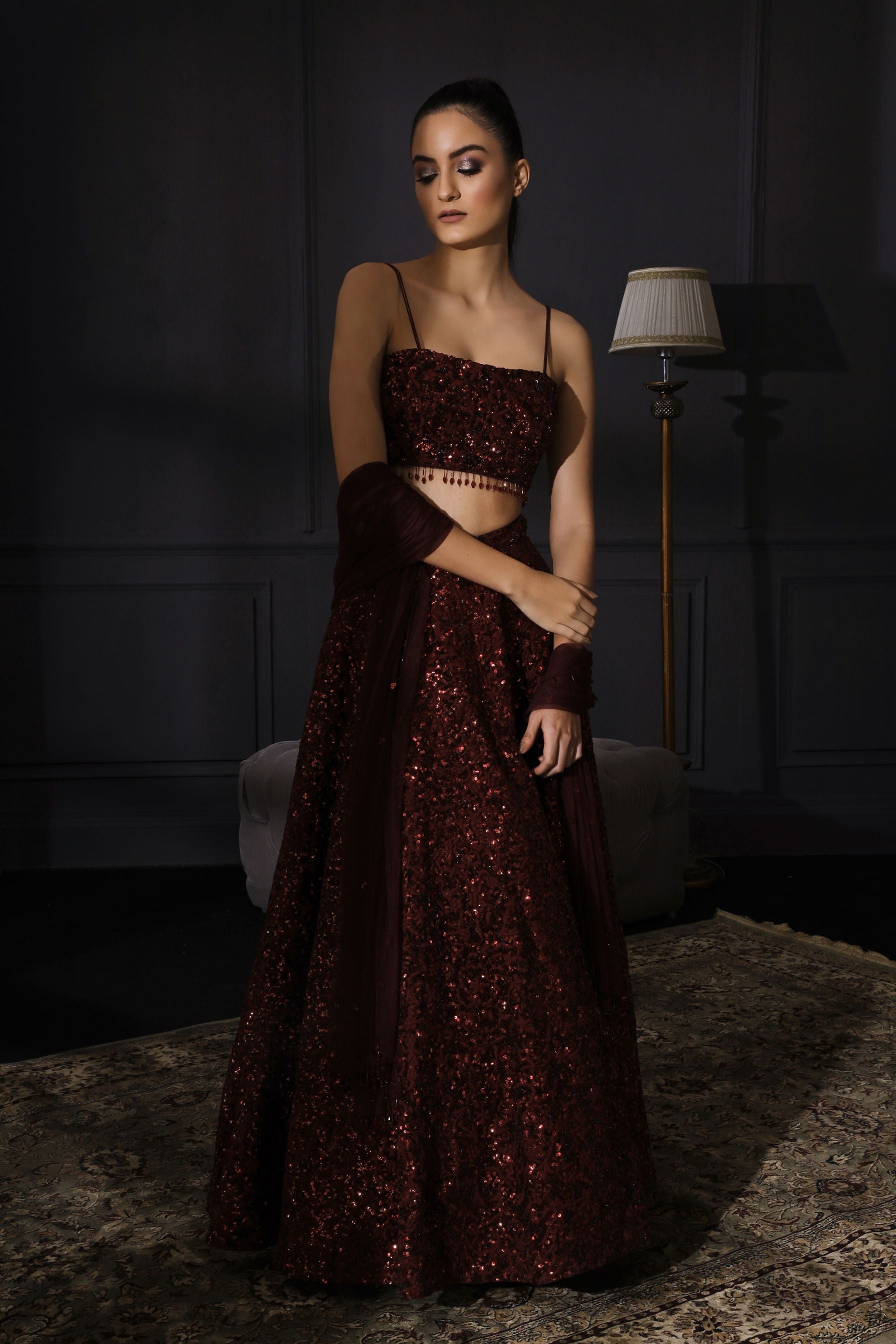 Anya – wine silk lehenga, bisouNYC