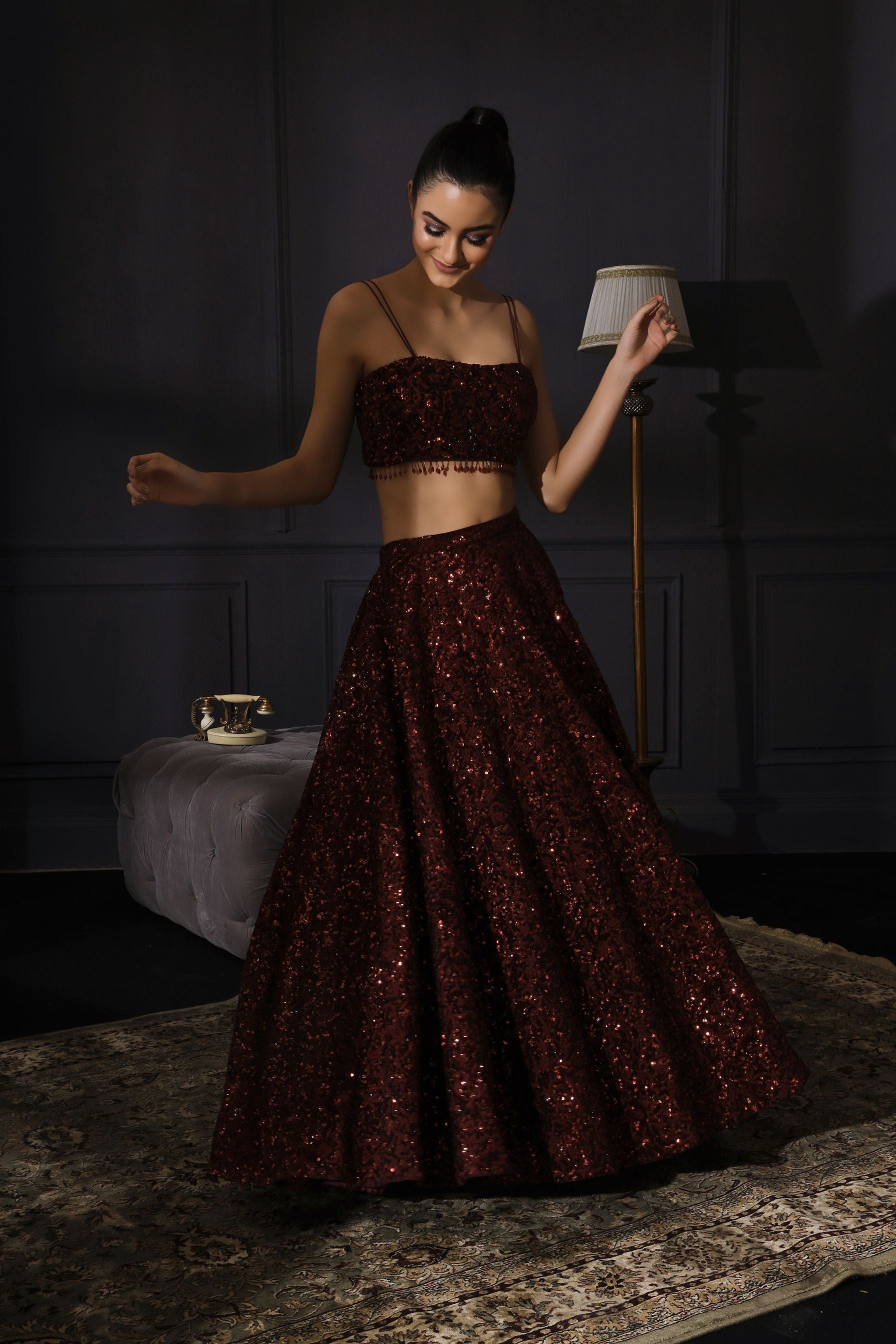 Anya – wine silk lehenga, bisouNYC