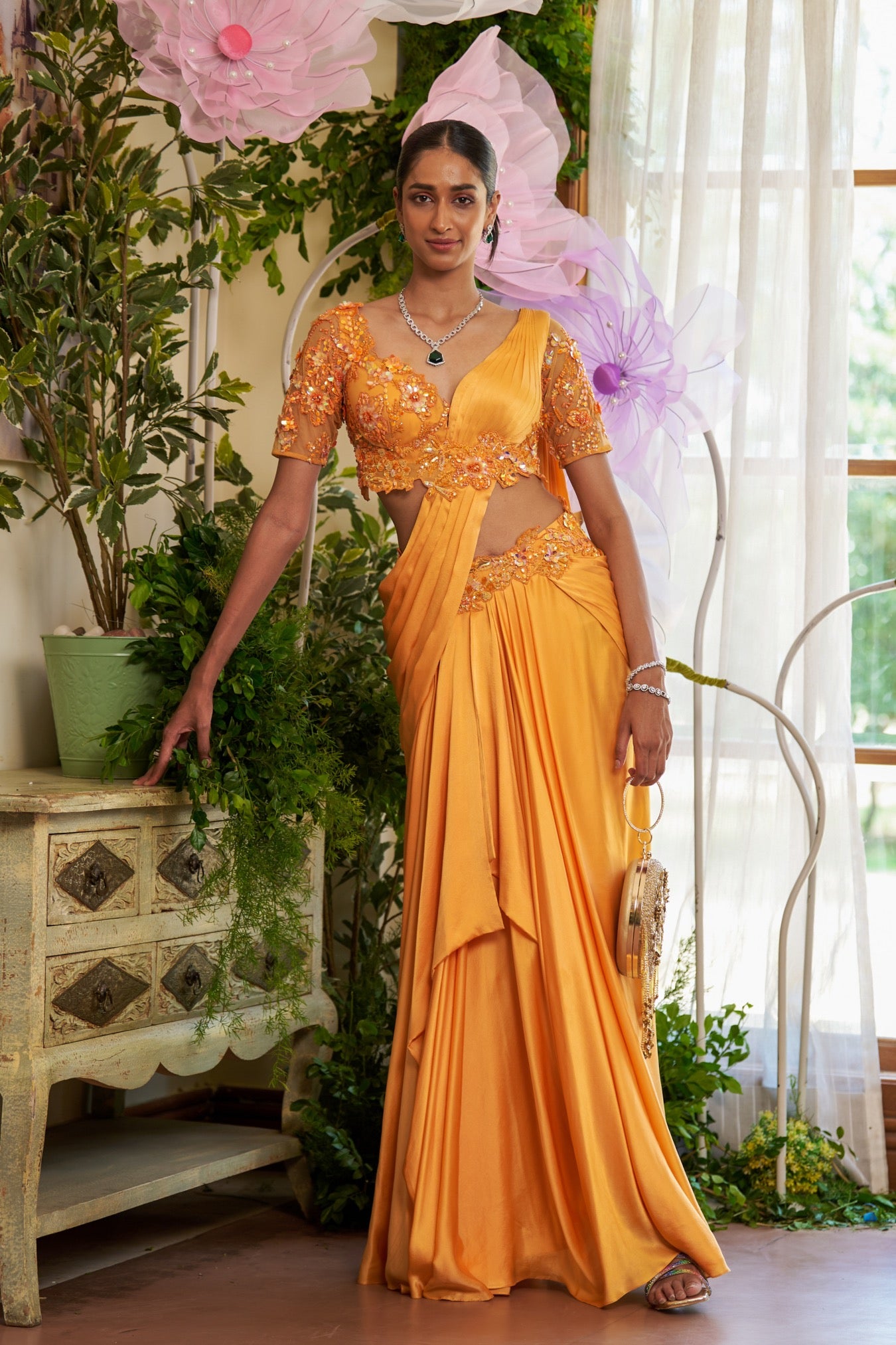 Azara – orange silk saree, bisouNYC