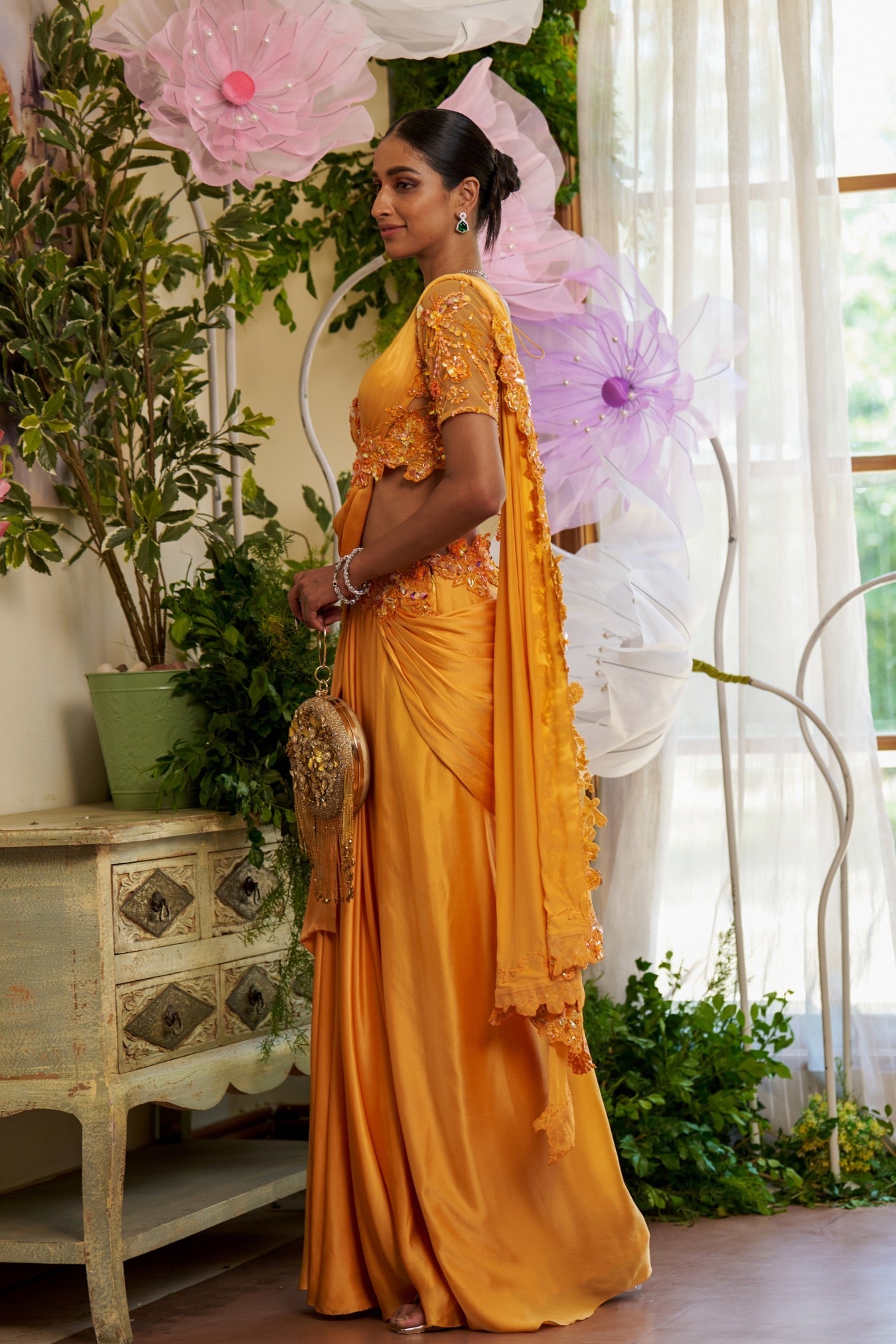 Azara – orange silk saree, bisouNYC