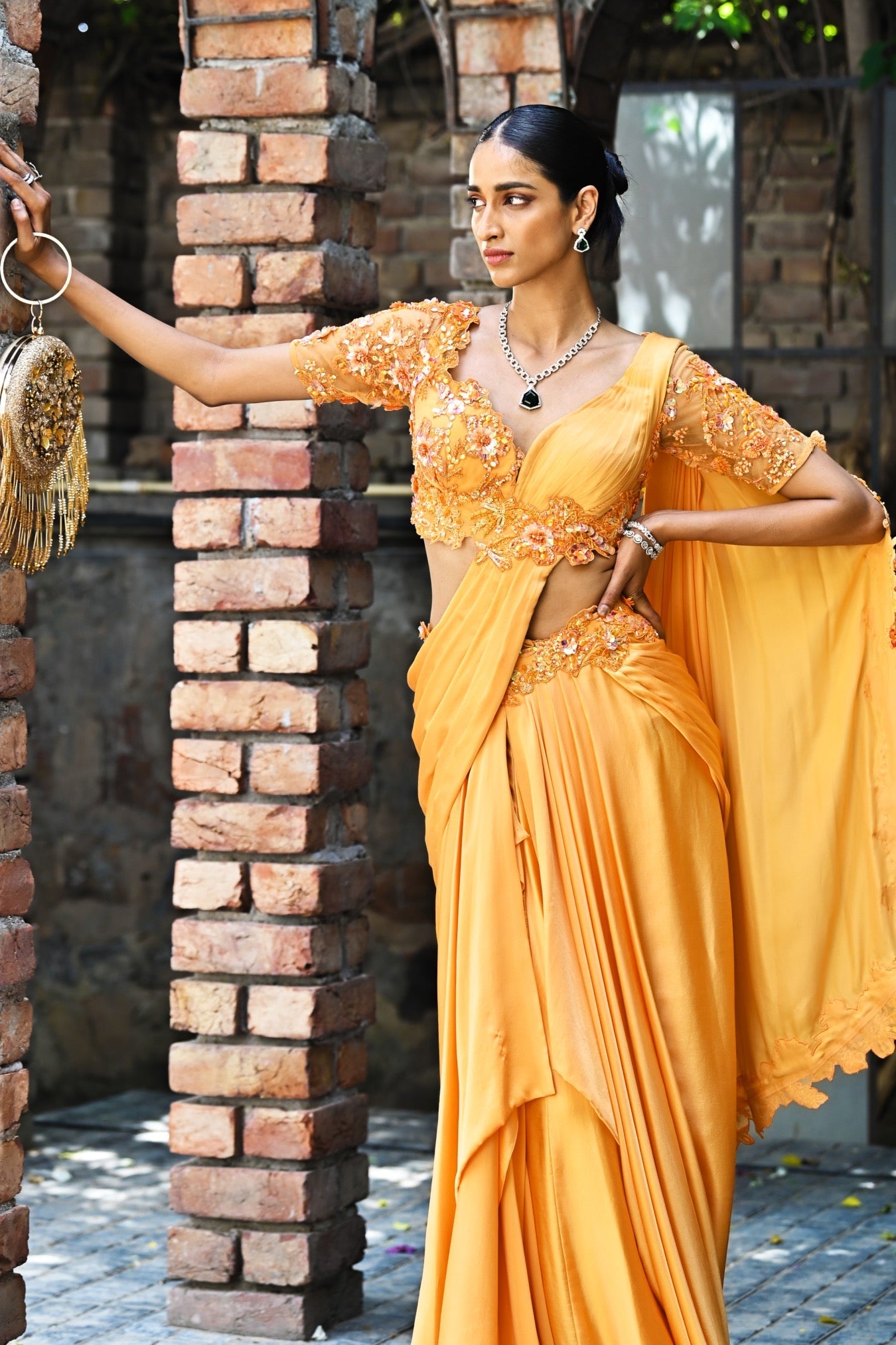 Azara – orange silk saree, bisouNYC