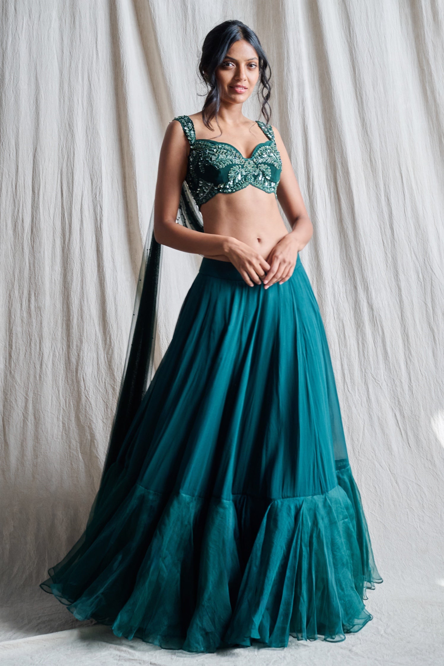 Blossom – green organza lehenga, bisouNYC