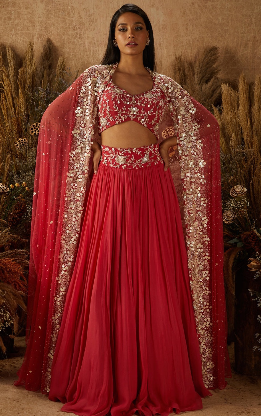 Caroline – coral georgette lehenga, bisouNYC
