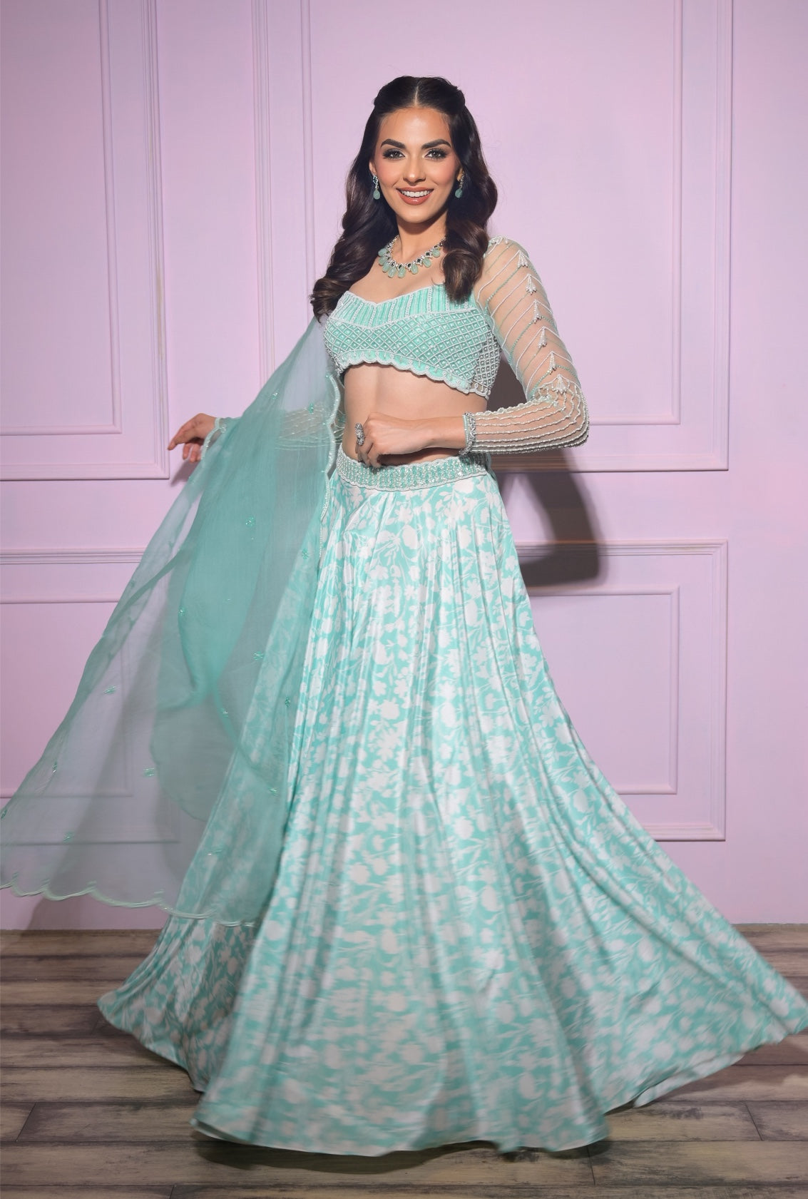 Eliza – green organza lehenga, bisouNYC