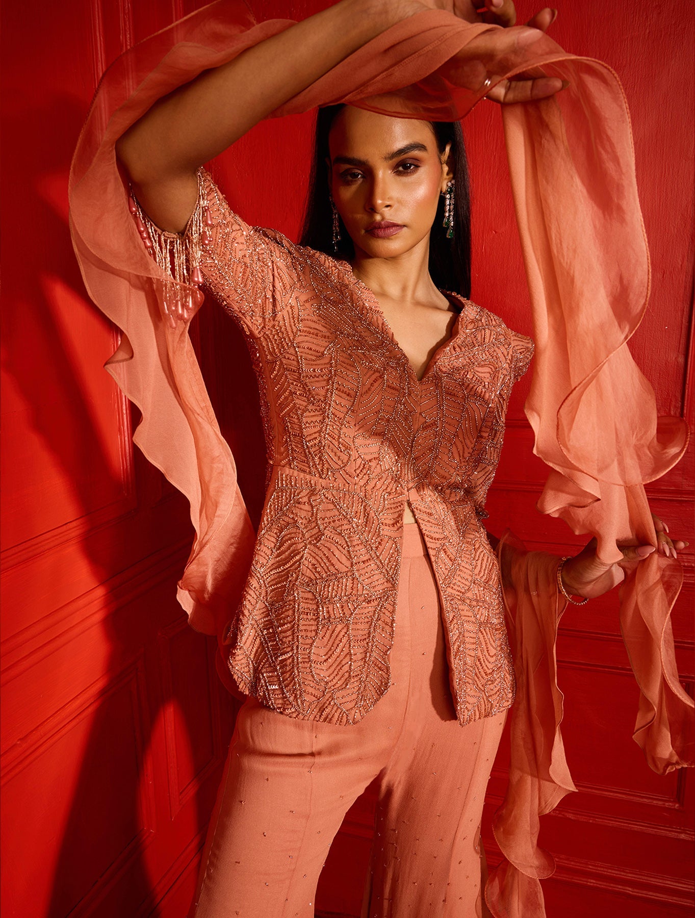 Gabby – peach organza suit, bisouNYC