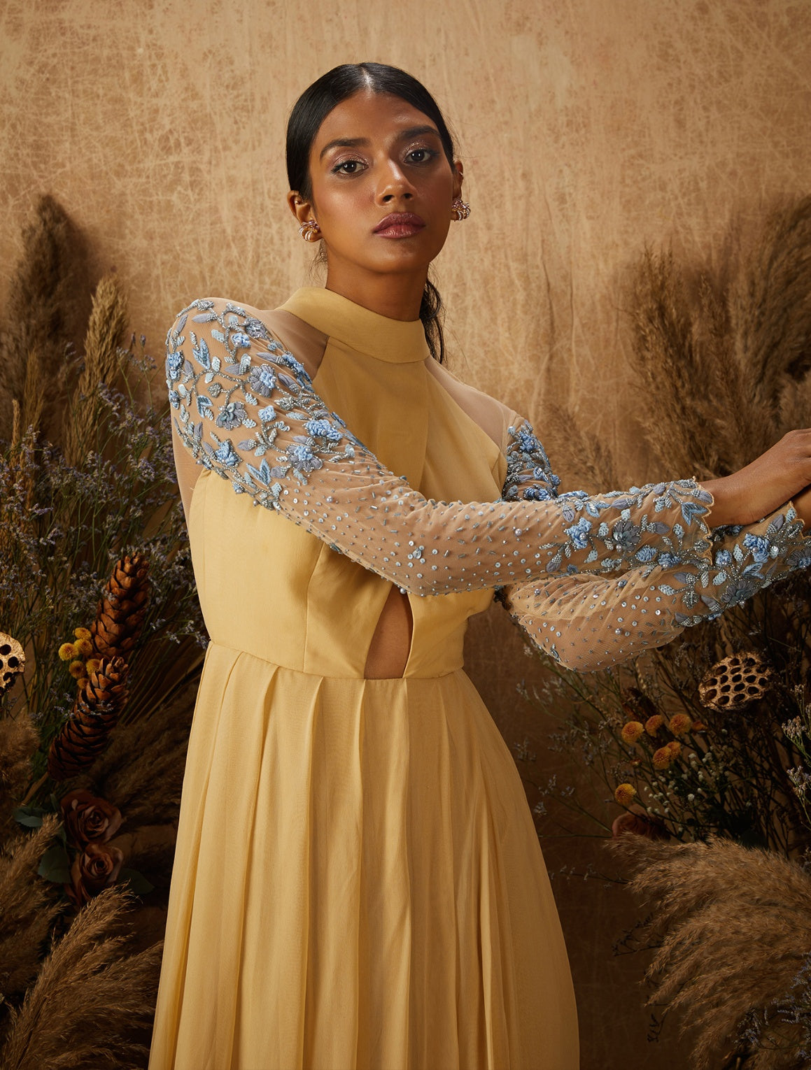 Halle – beige georgette suit, bisouNYC