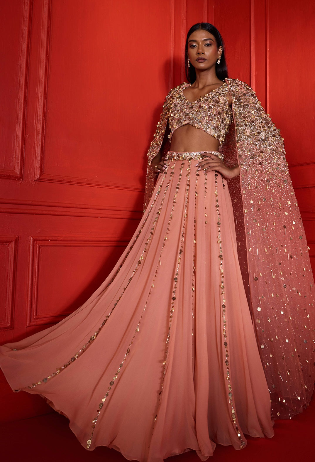 Herra – peach georgette lehenga, bisouNYC