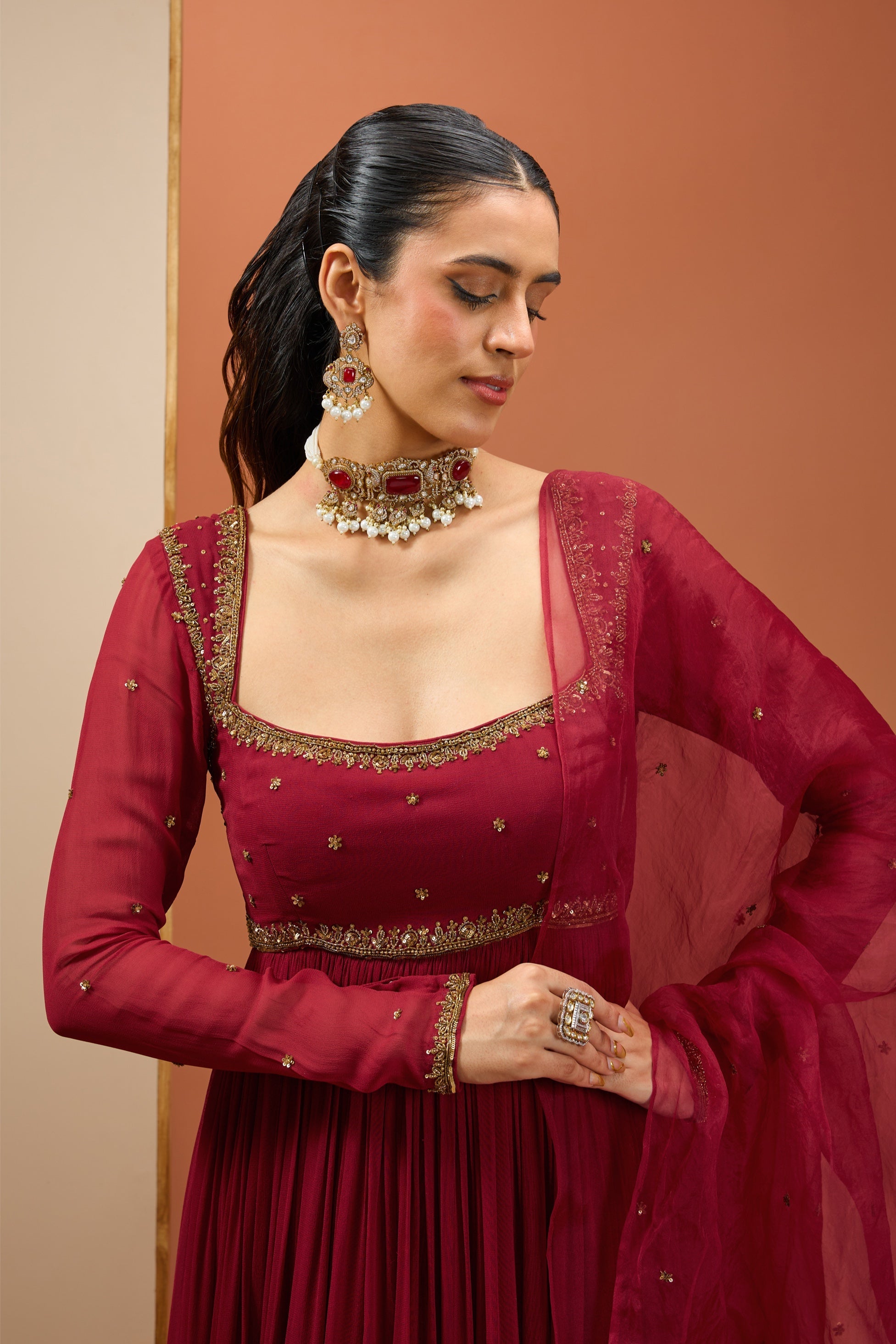 Isha – maroon organza suit, bisouNYC