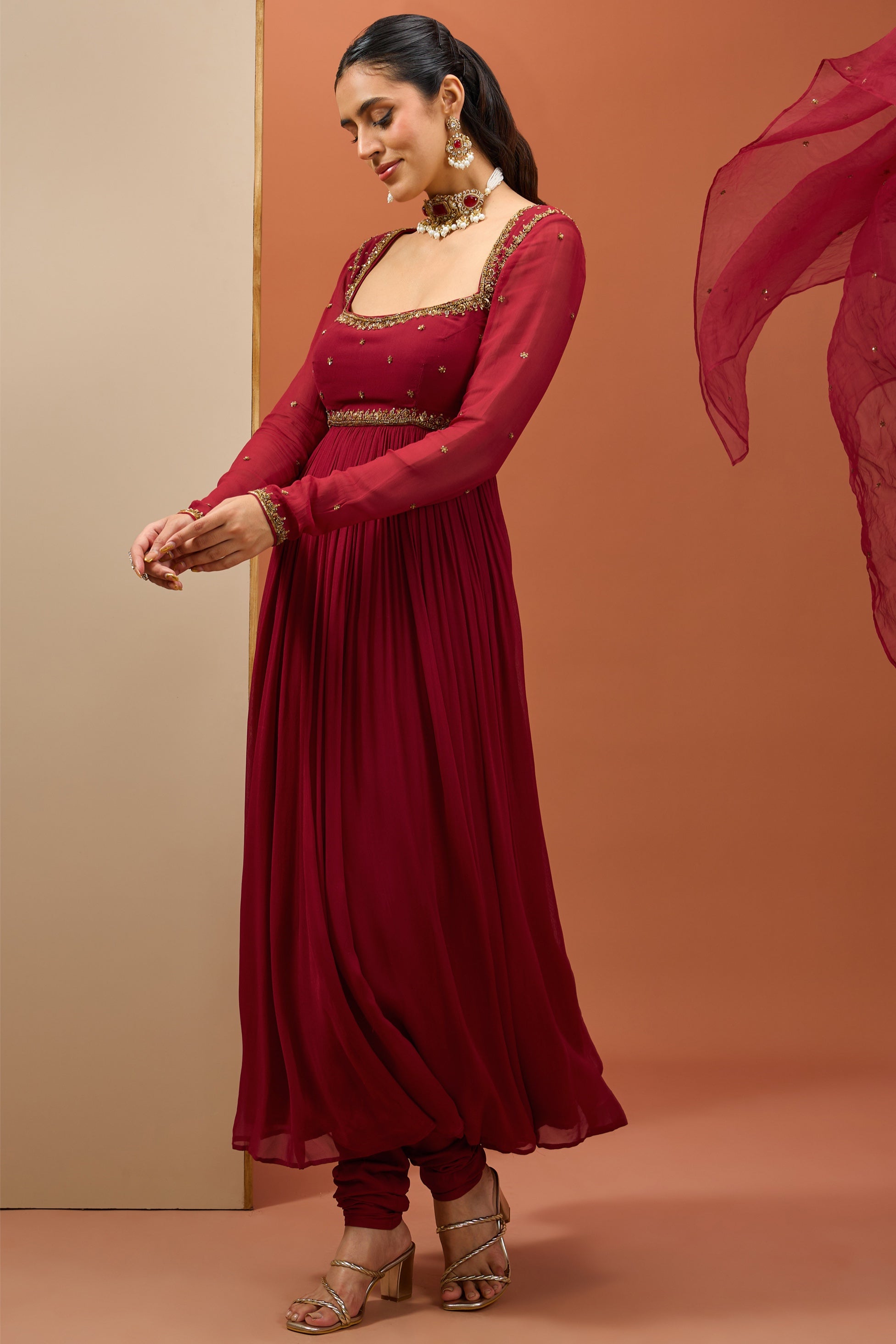 Isha – maroon organza suit, bisouNYC
