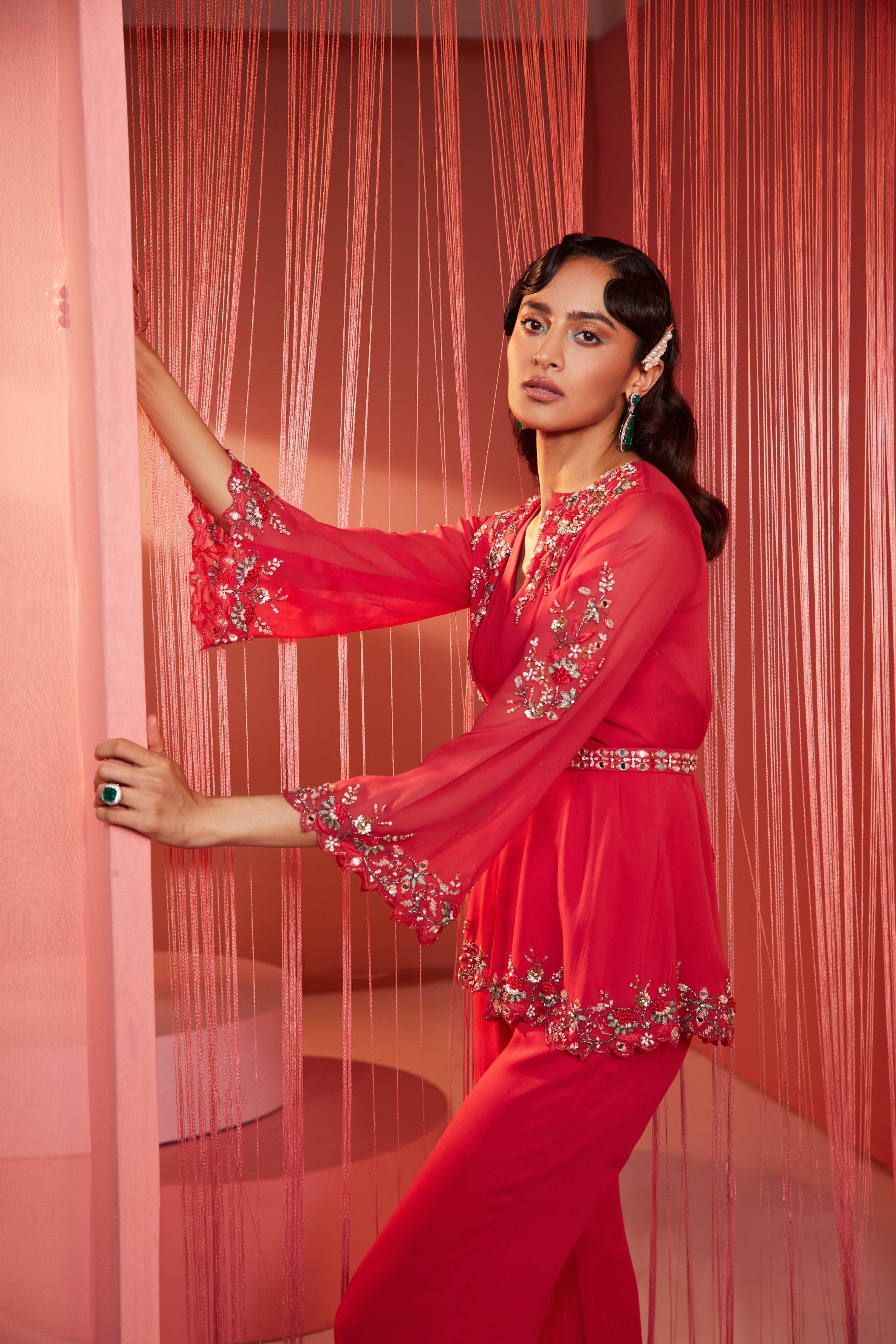 Kiara – coral georgette suit, bisouNYC