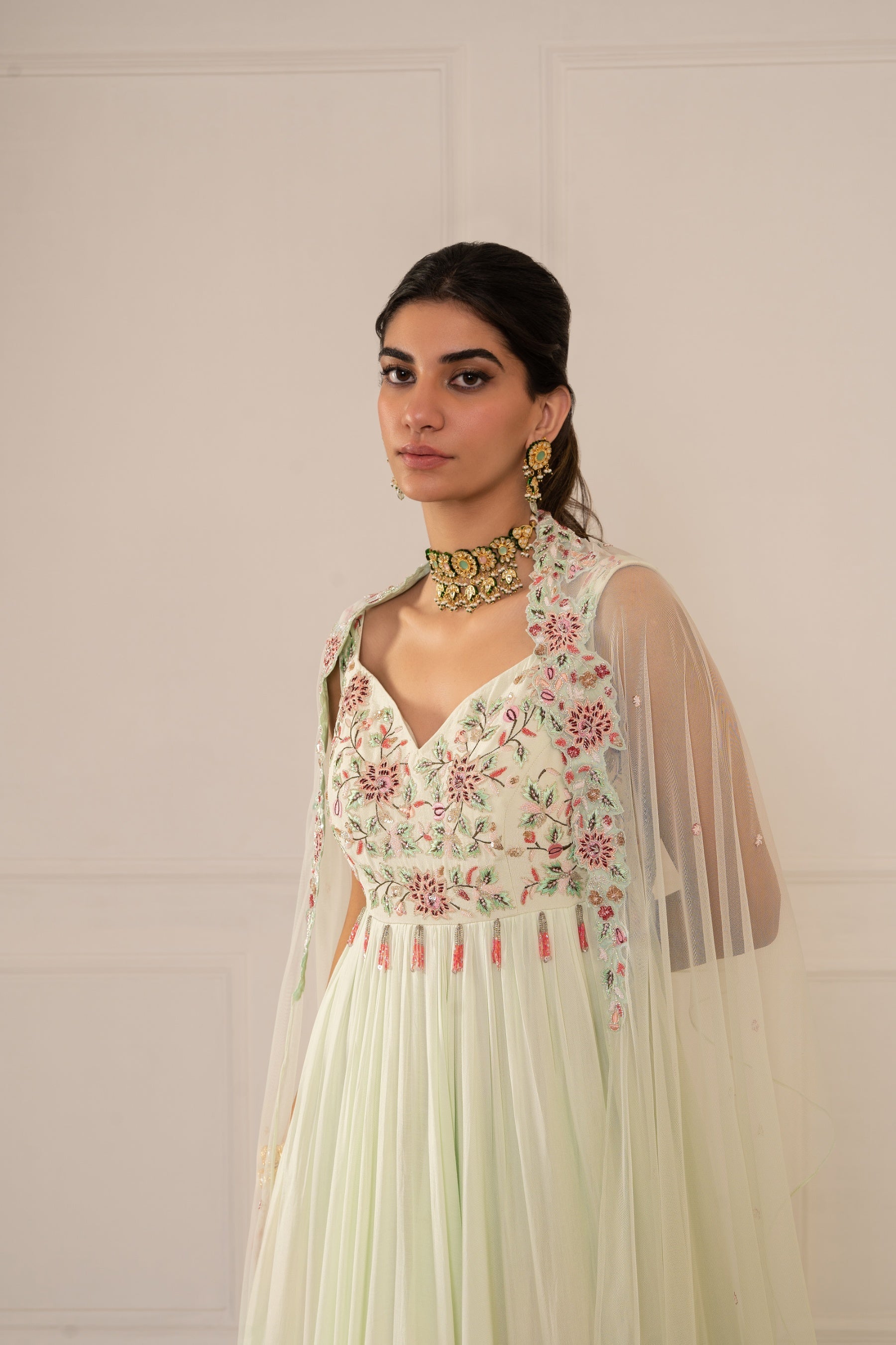 Lara – green silk suit, bisouNYC