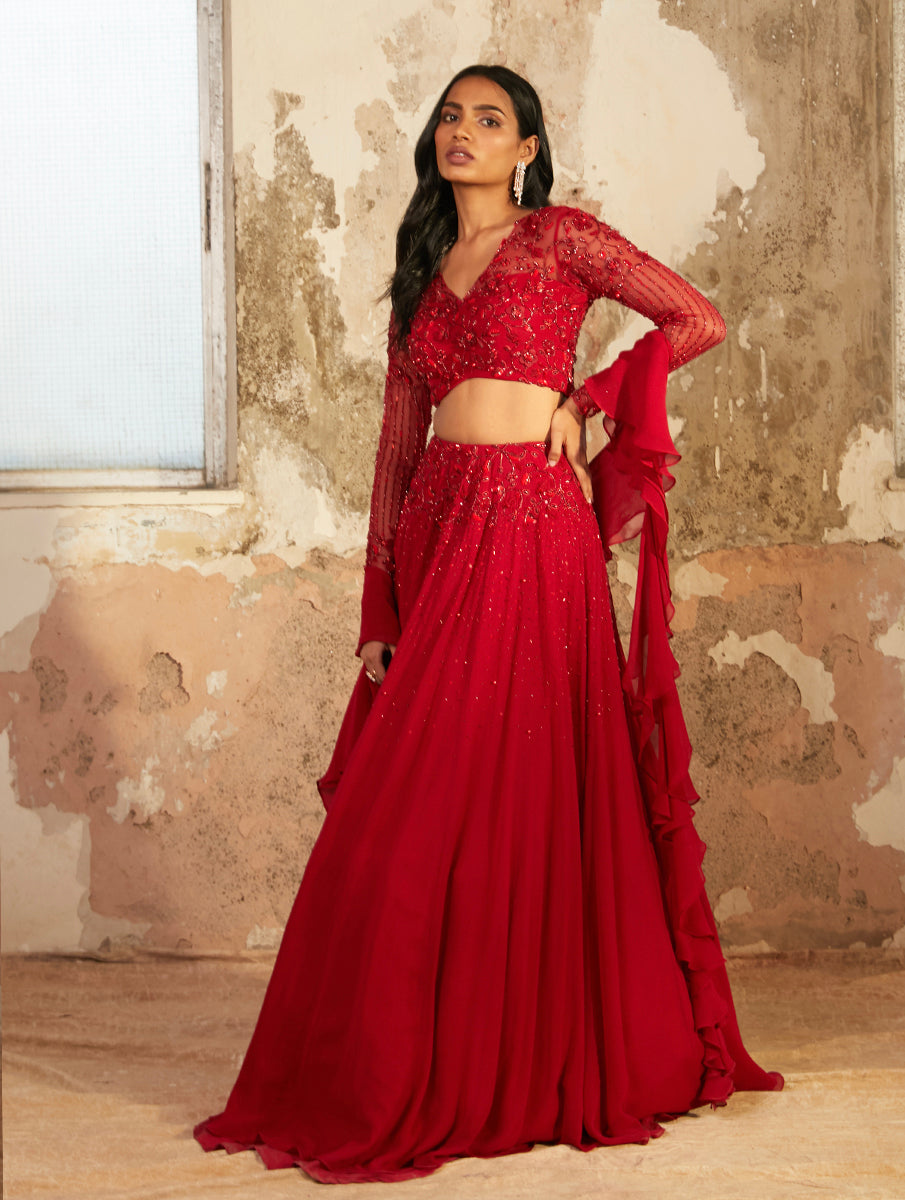 Lara – red georgette lehenga, bisouNYC