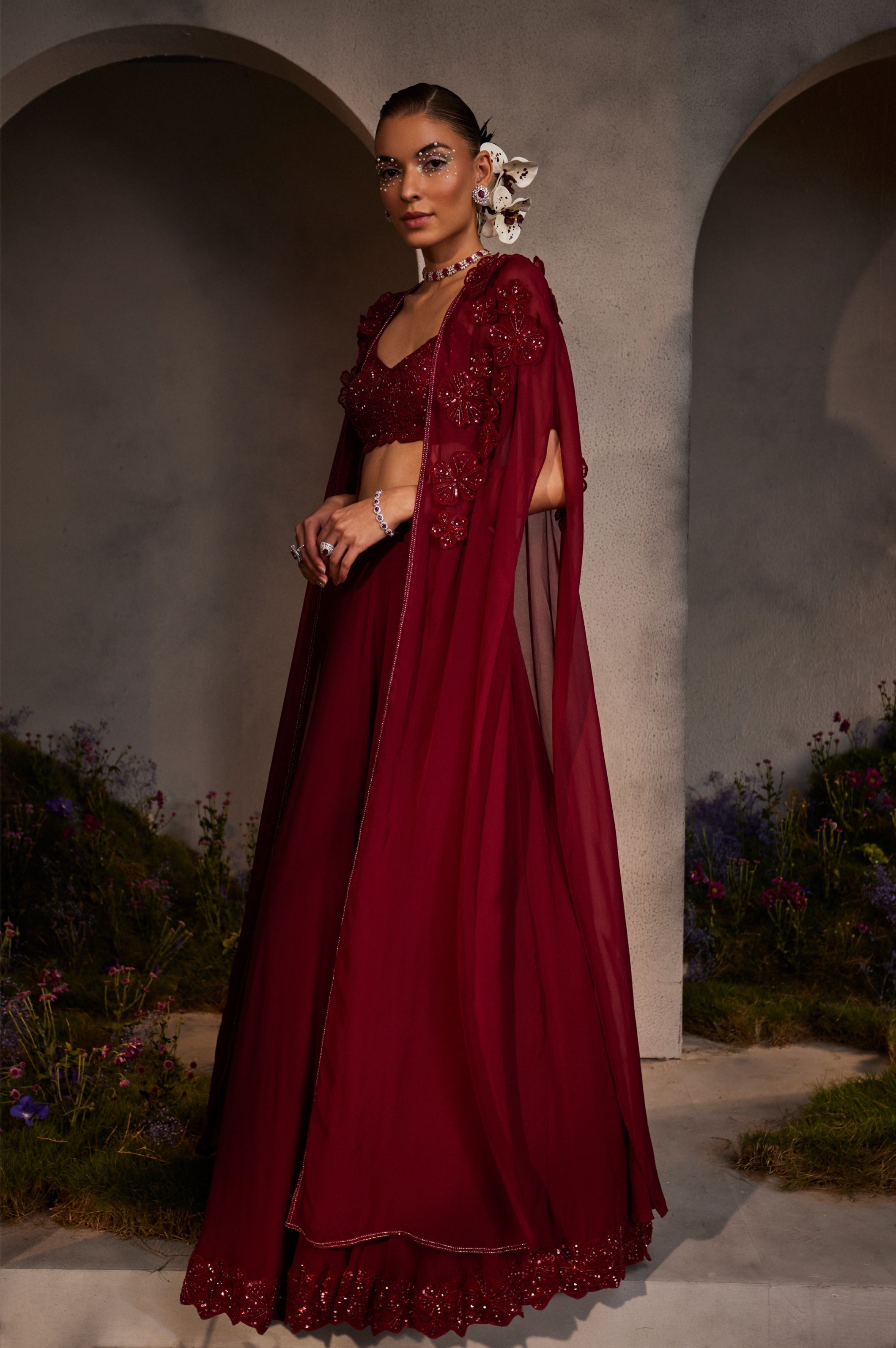 Lauren – maroon organza lehenga, bisouNYC