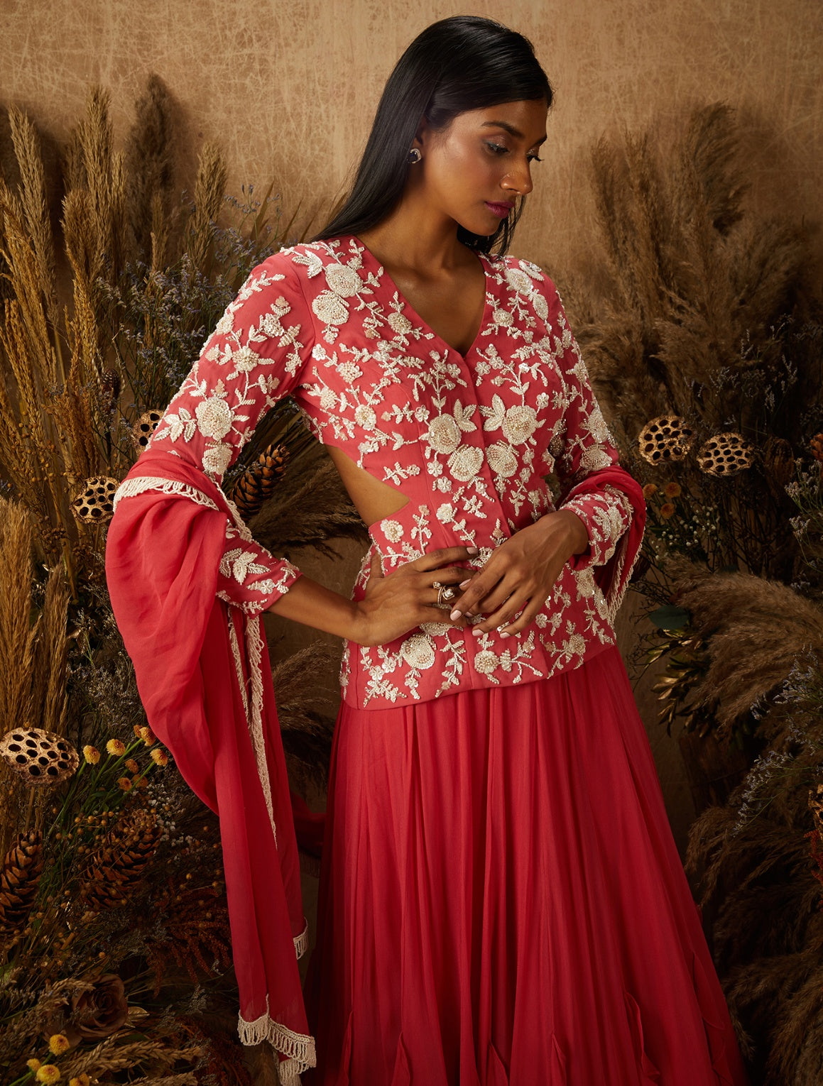 Layla – coral georgette lehenga, bisouNYC