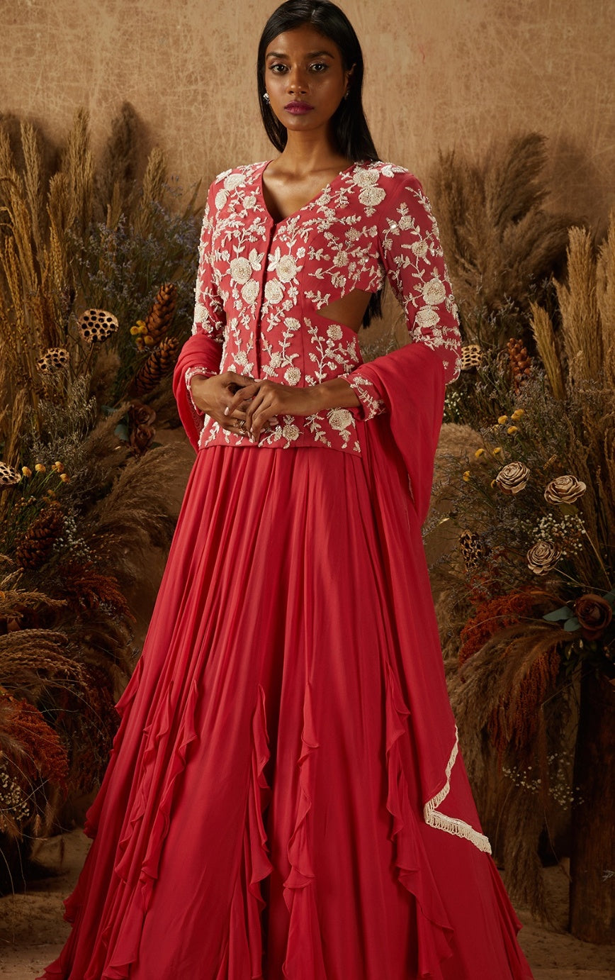 Layla – coral georgette lehenga, bisouNYC