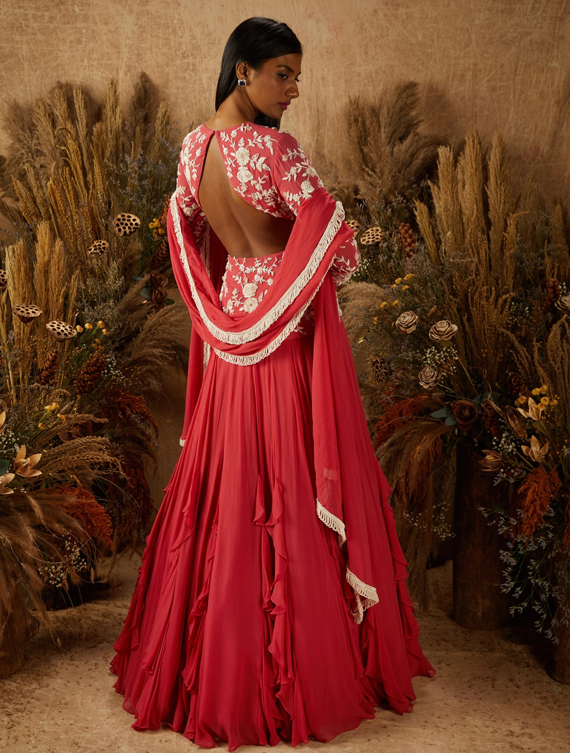 Layla – coral georgette lehenga, bisouNYC