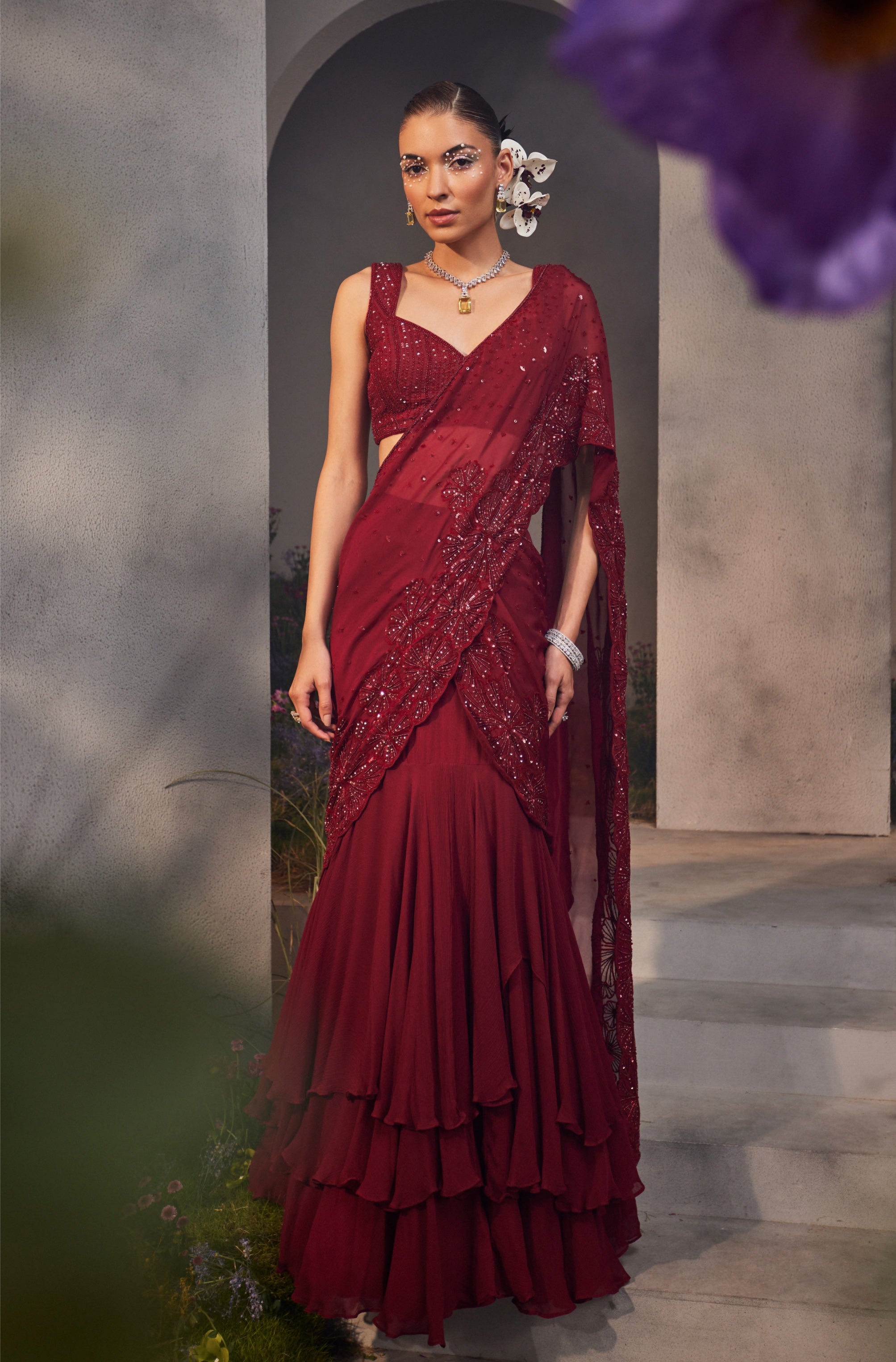 Leila – maroon silk lehenga, bisouNYC