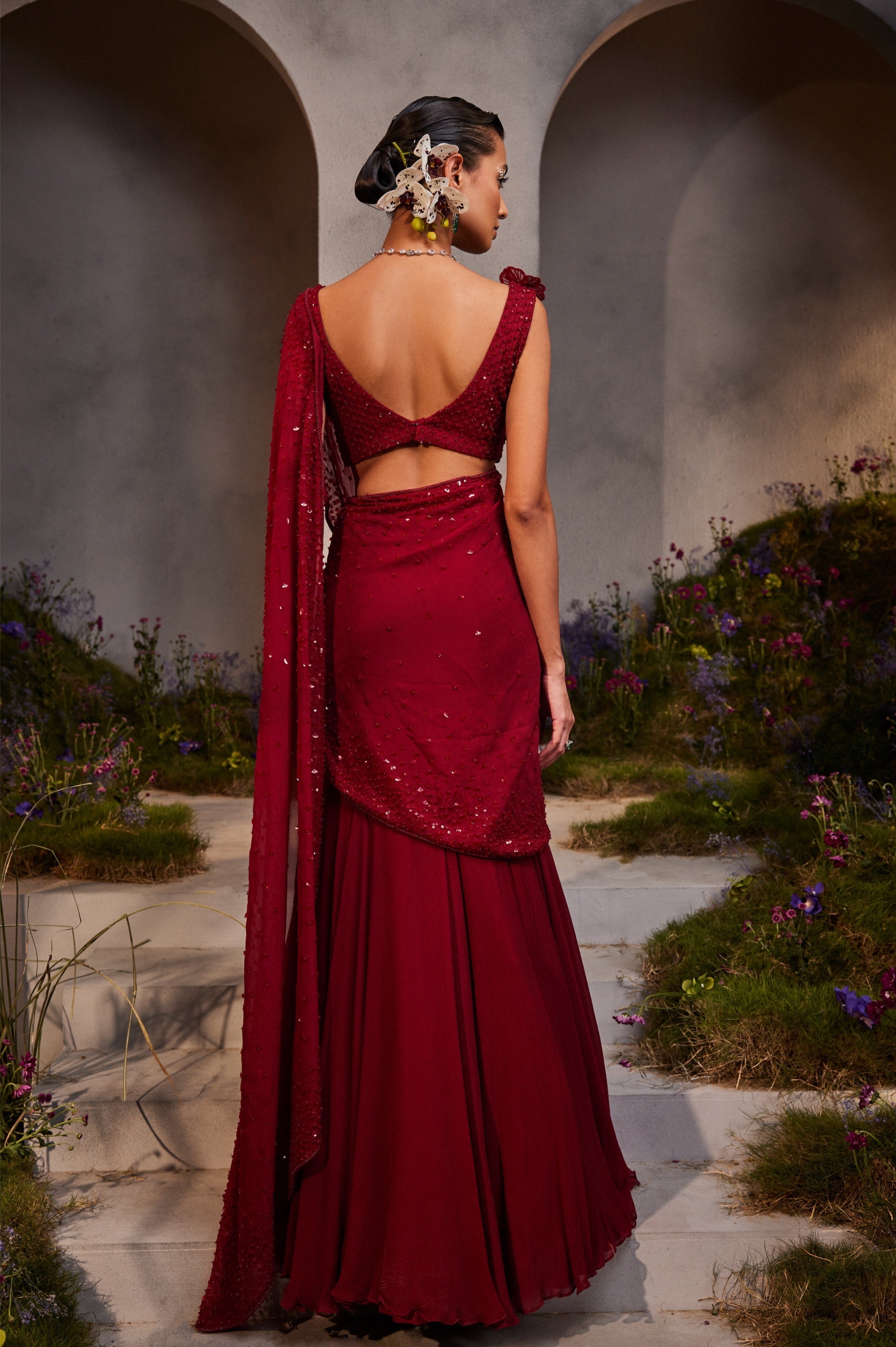 Leilani – maroon organza lehenga, bisouNYC