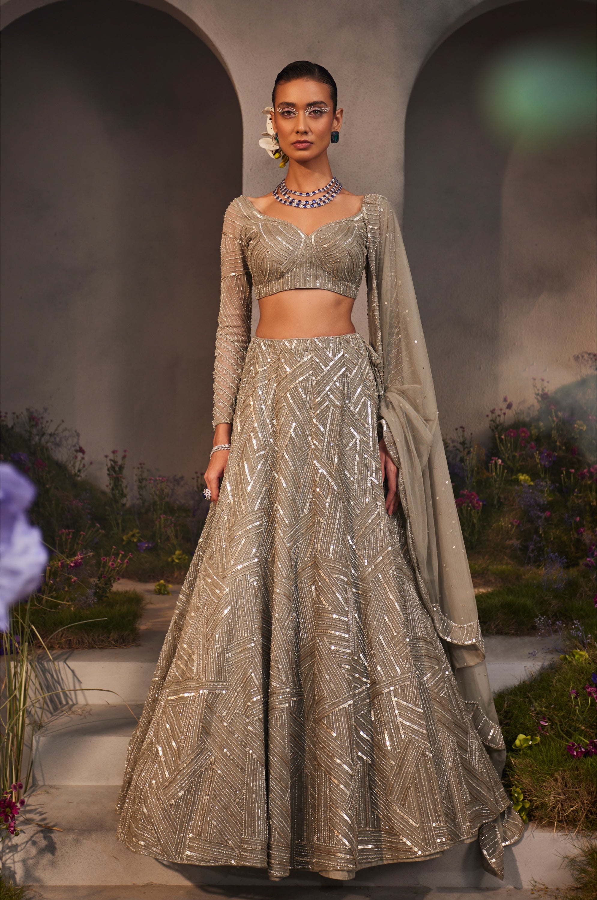 Lilian – grey net lehenga, bisouNYC