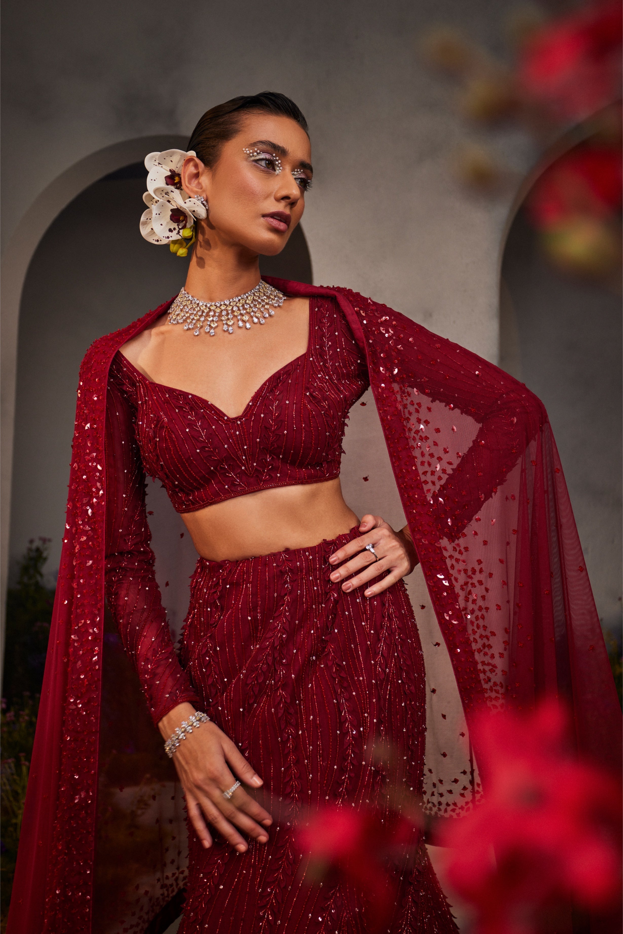Lucia – maroon organza lehenga, bisouNYC