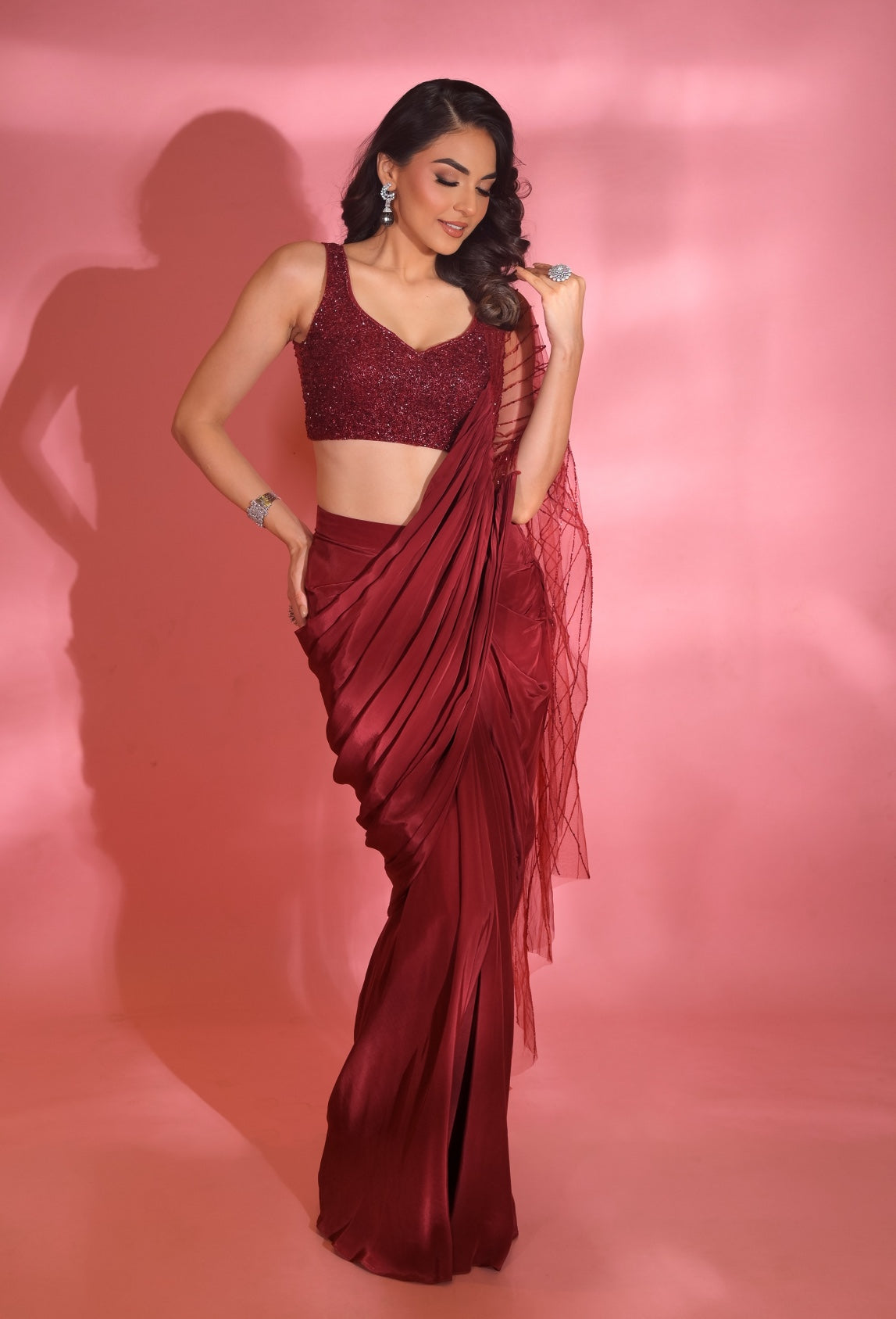 Luna – maroon net saree, bisouNYC