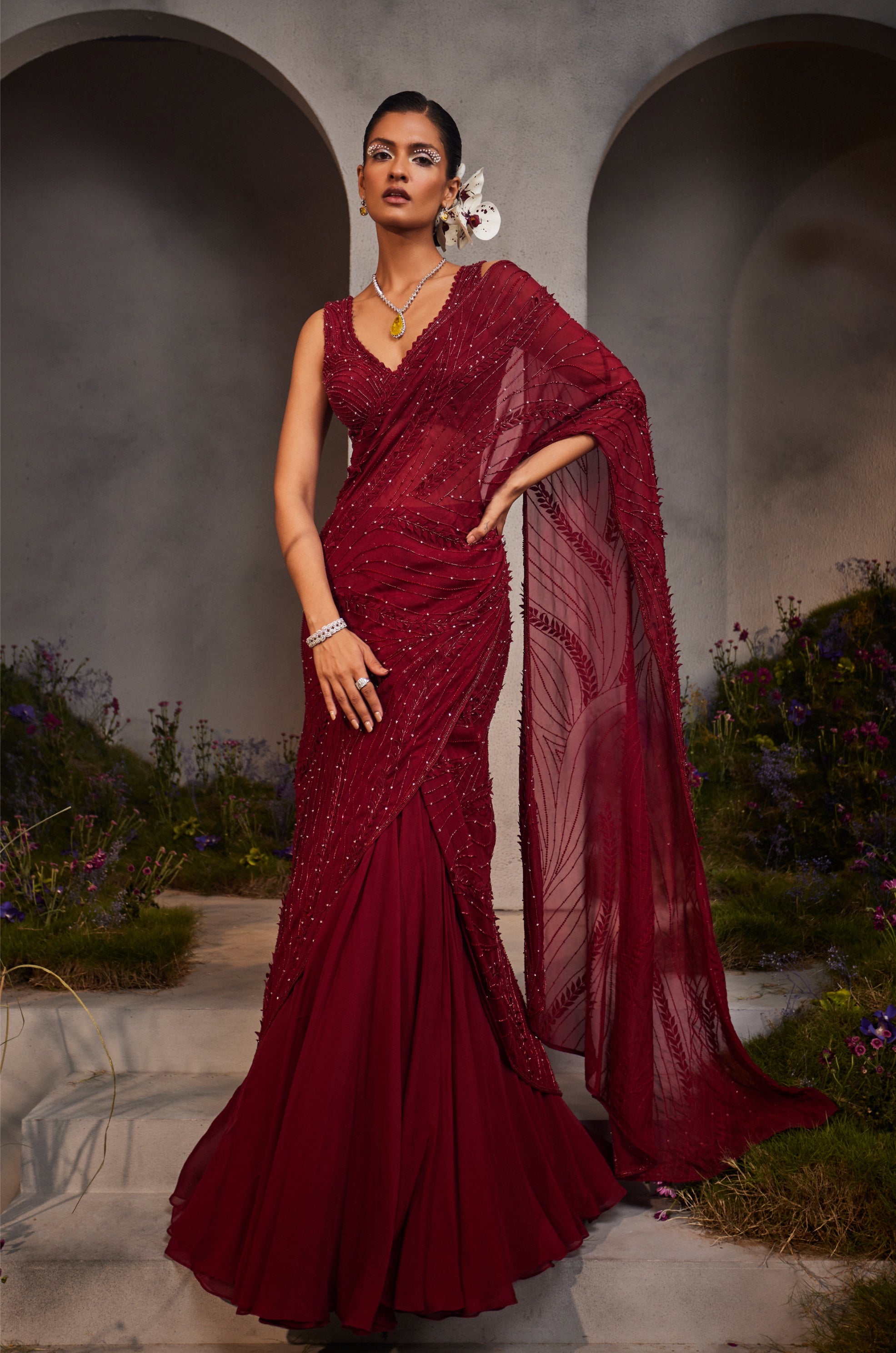 Lydia – maroon organza lehenga, bisouNYC