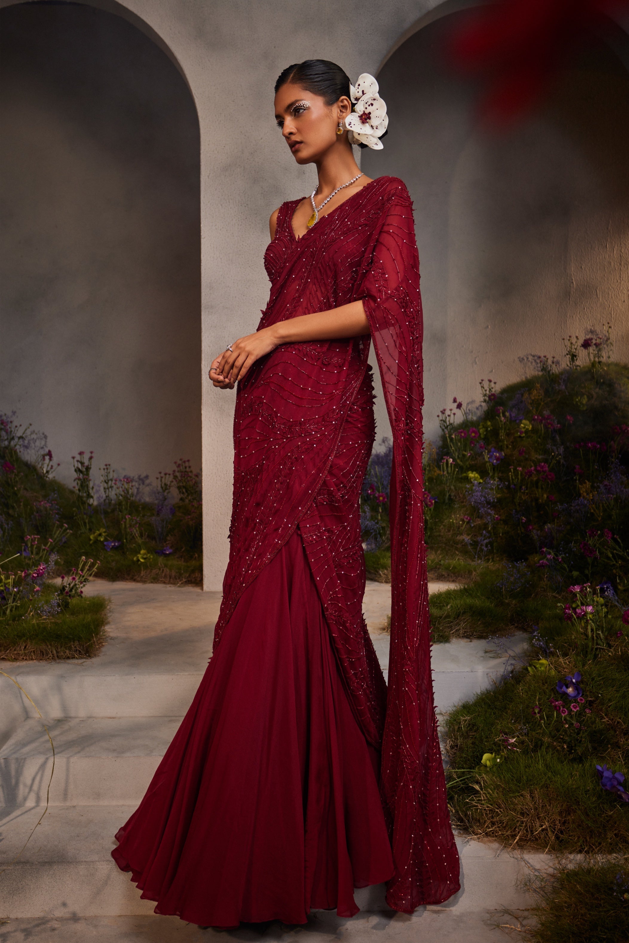 Lydia – maroon organza lehenga, bisouNYC