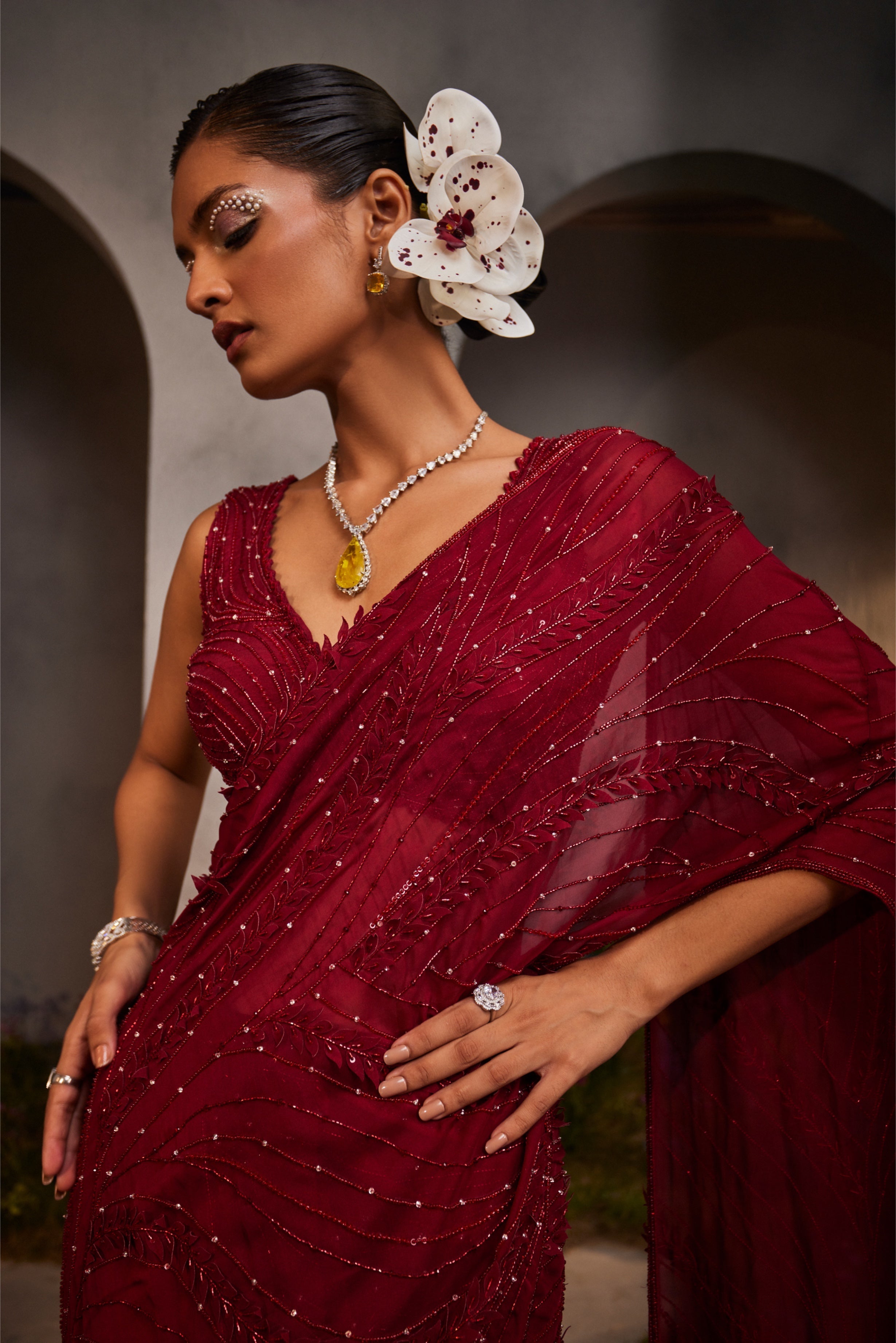Lydia – maroon organza lehenga, bisouNYC