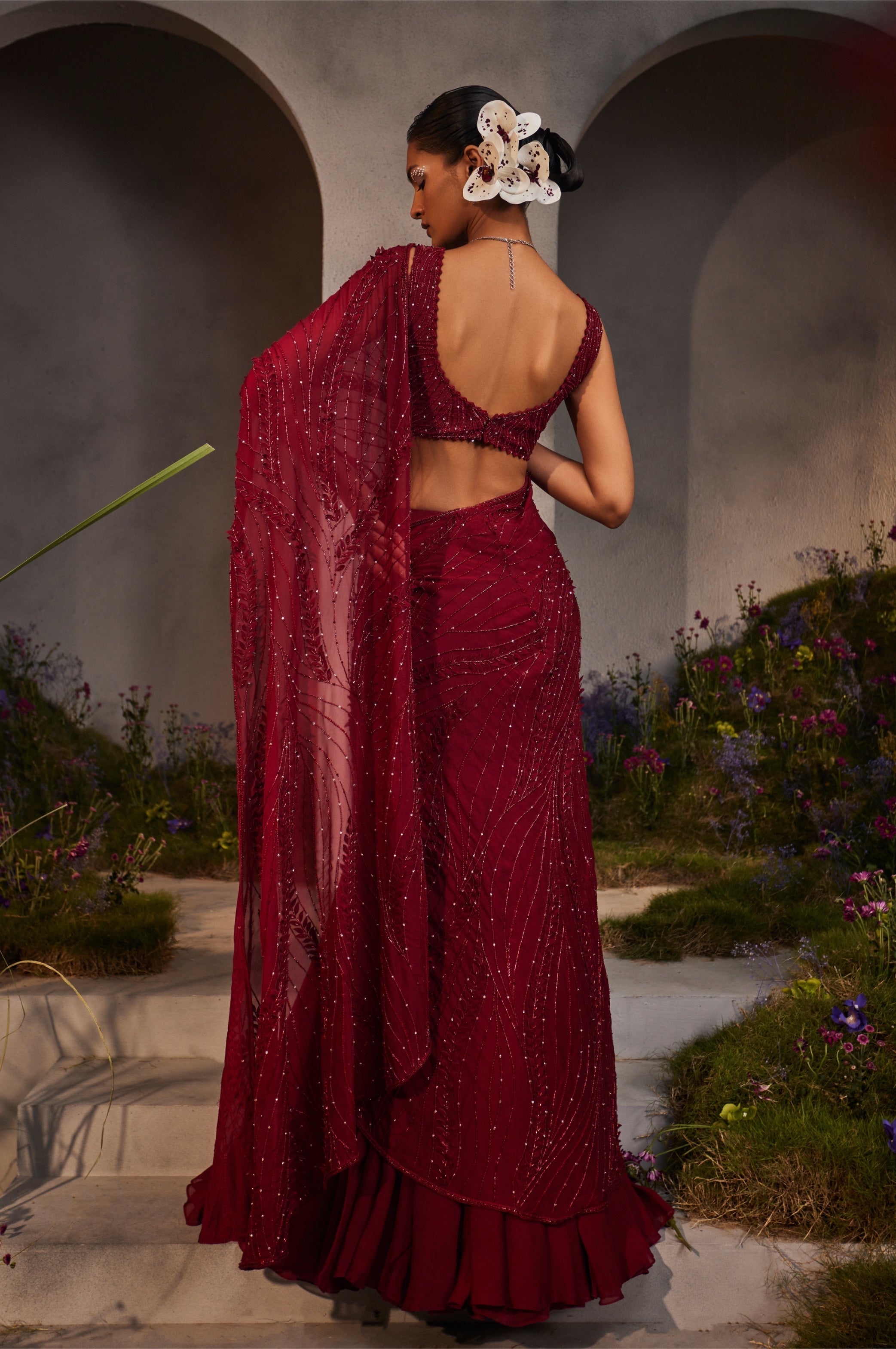 Lydia – maroon organza lehenga, bisouNYC