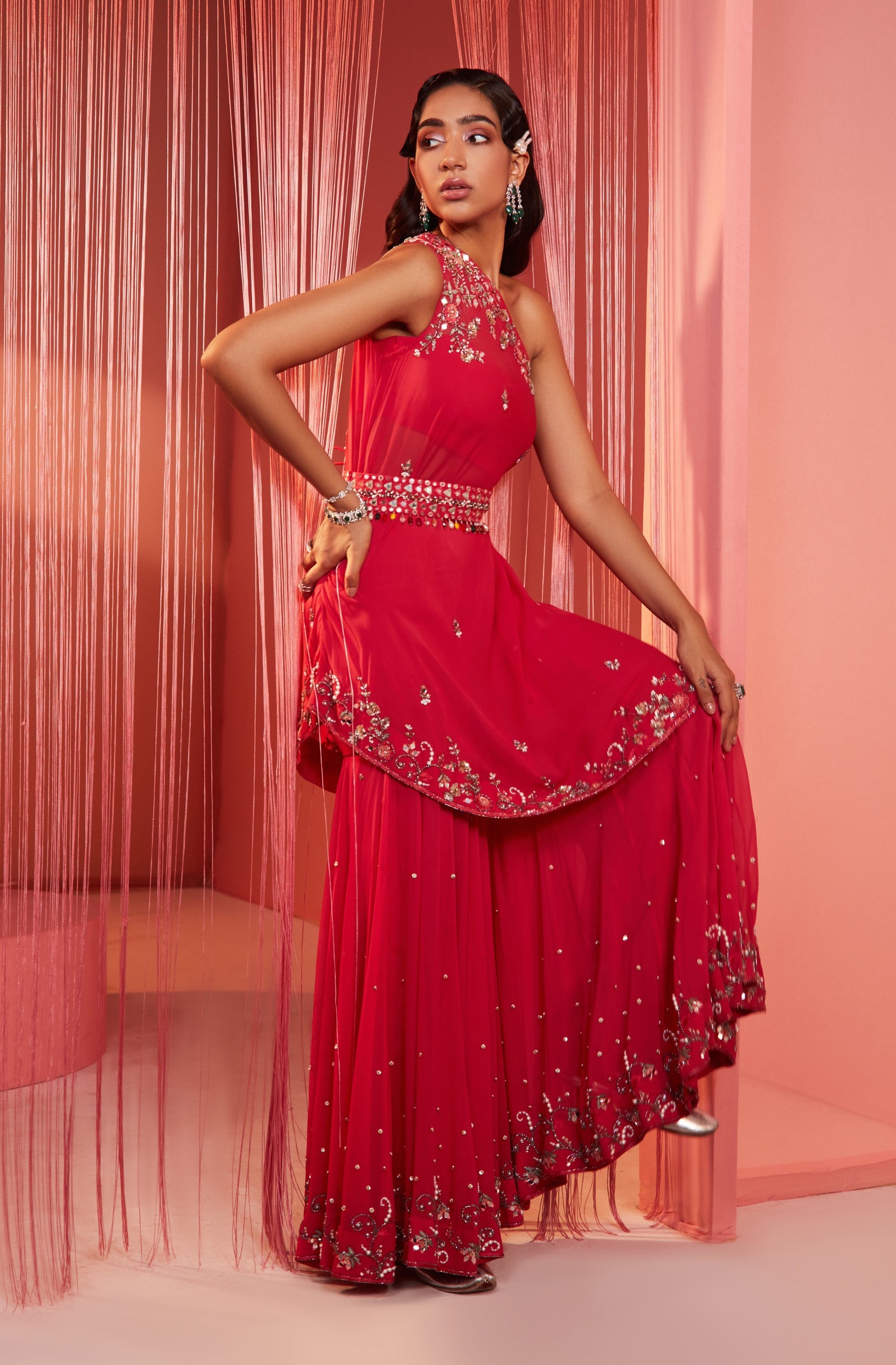 Maira – coral georgette suit, bisouNYC