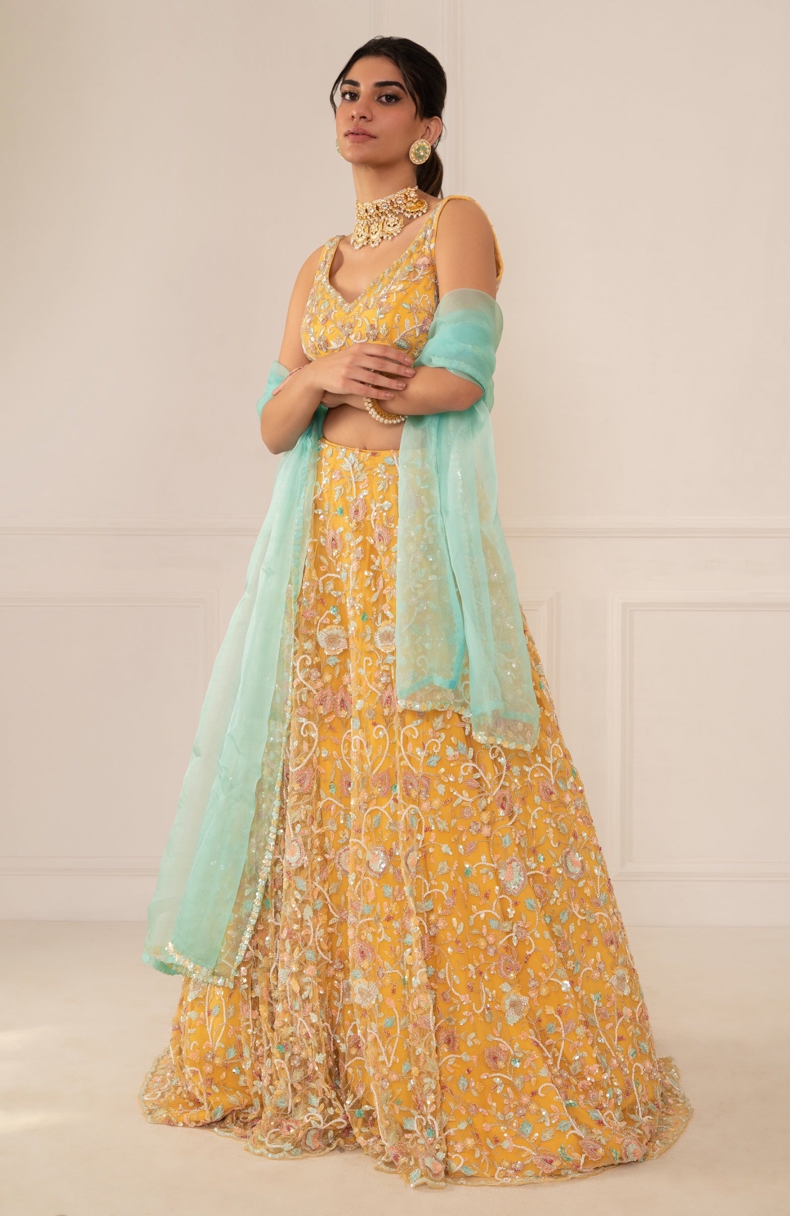 Malini – yellow organza lehenga, bisouNYC