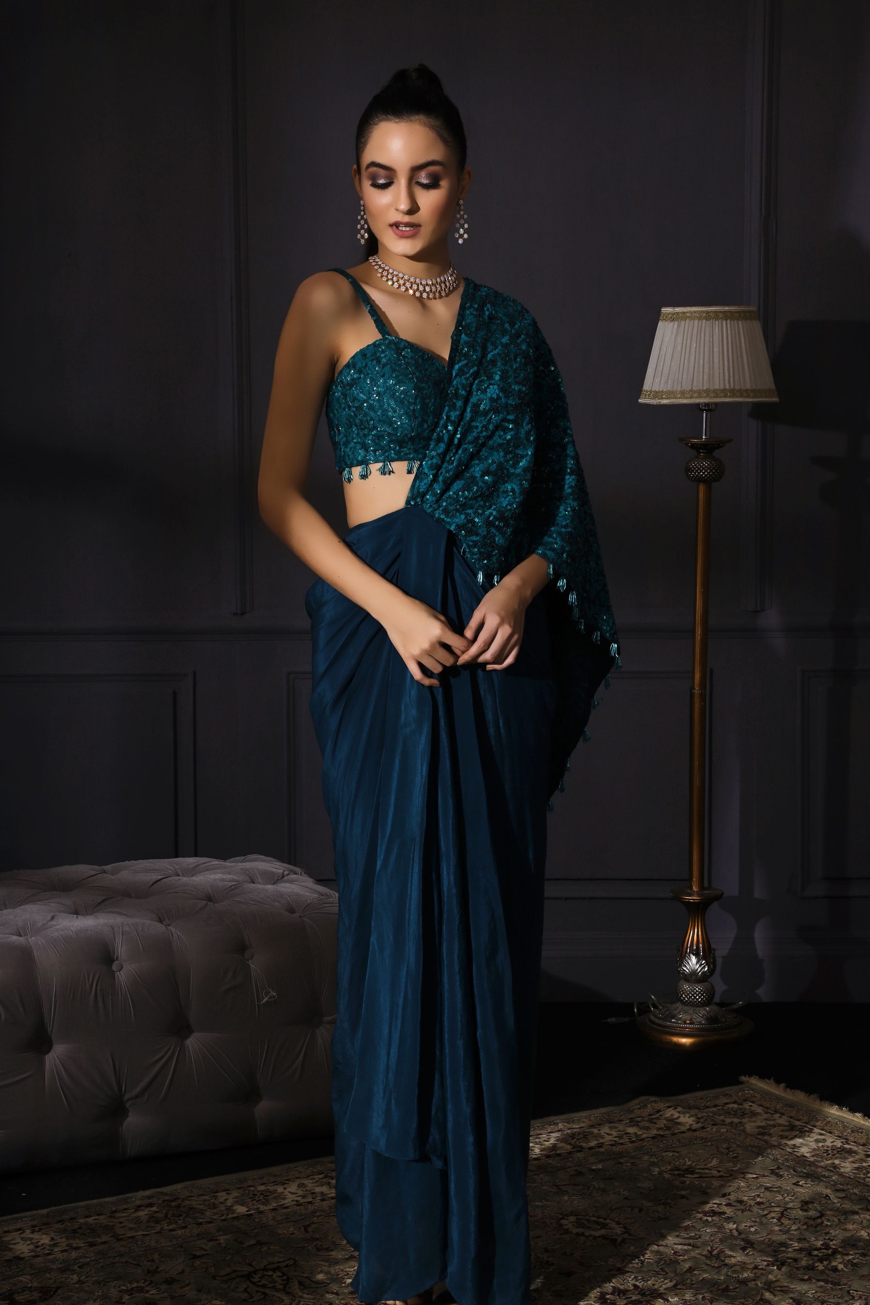 Mira – teal organza saree, bisouNYC