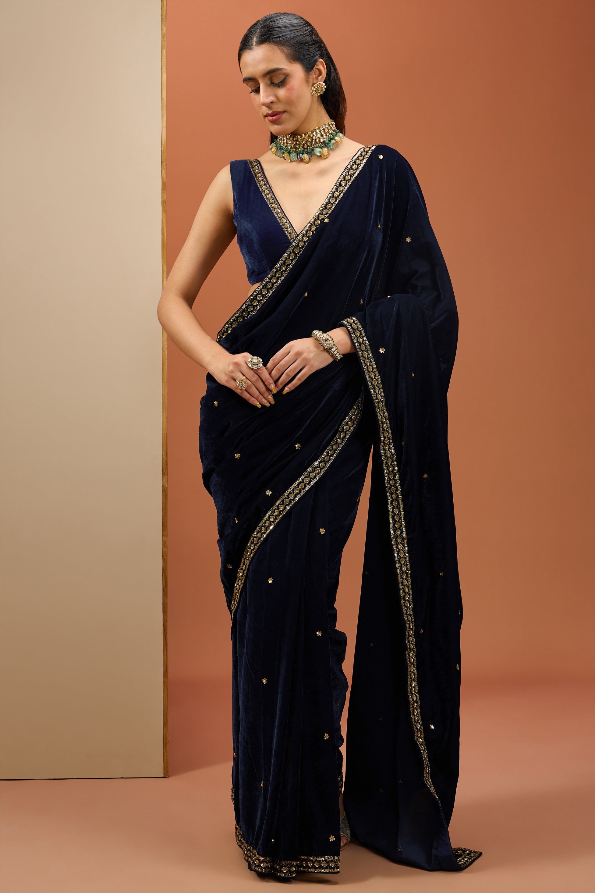 Paro – blue velvet saree, bisouNYC