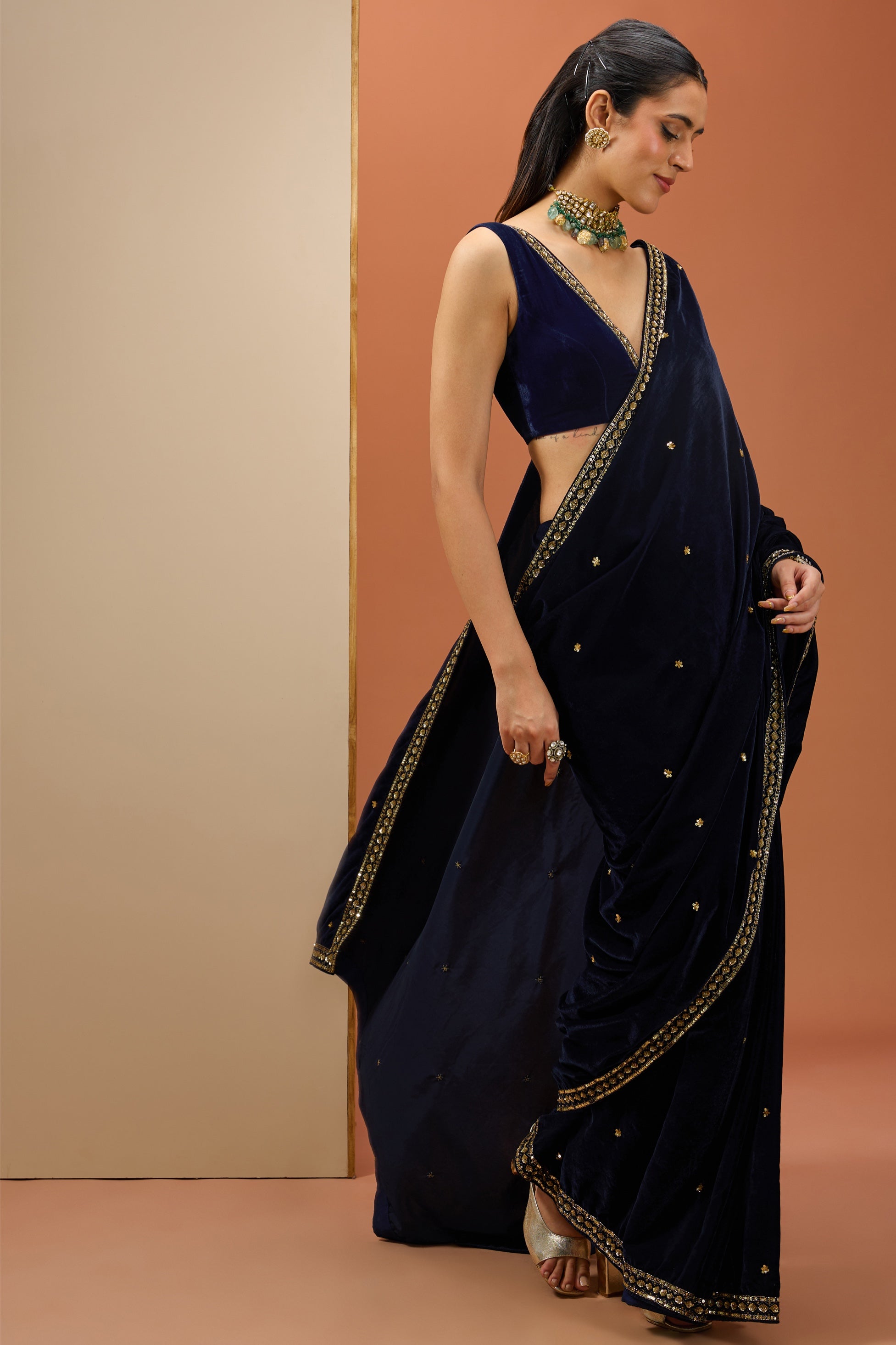 Paro – blue velvet saree, bisouNYC