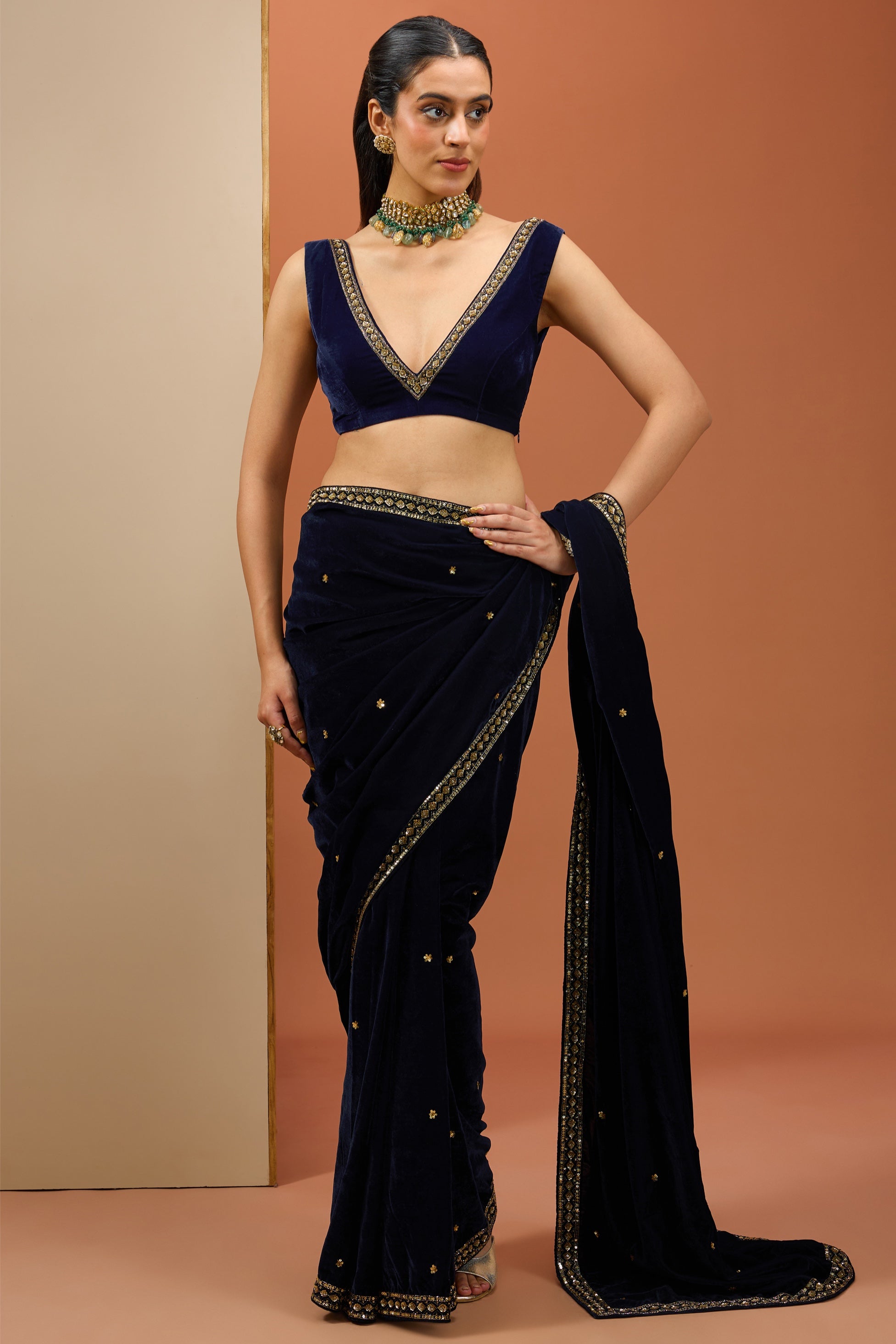 Paro – blue velvet saree, bisouNYC