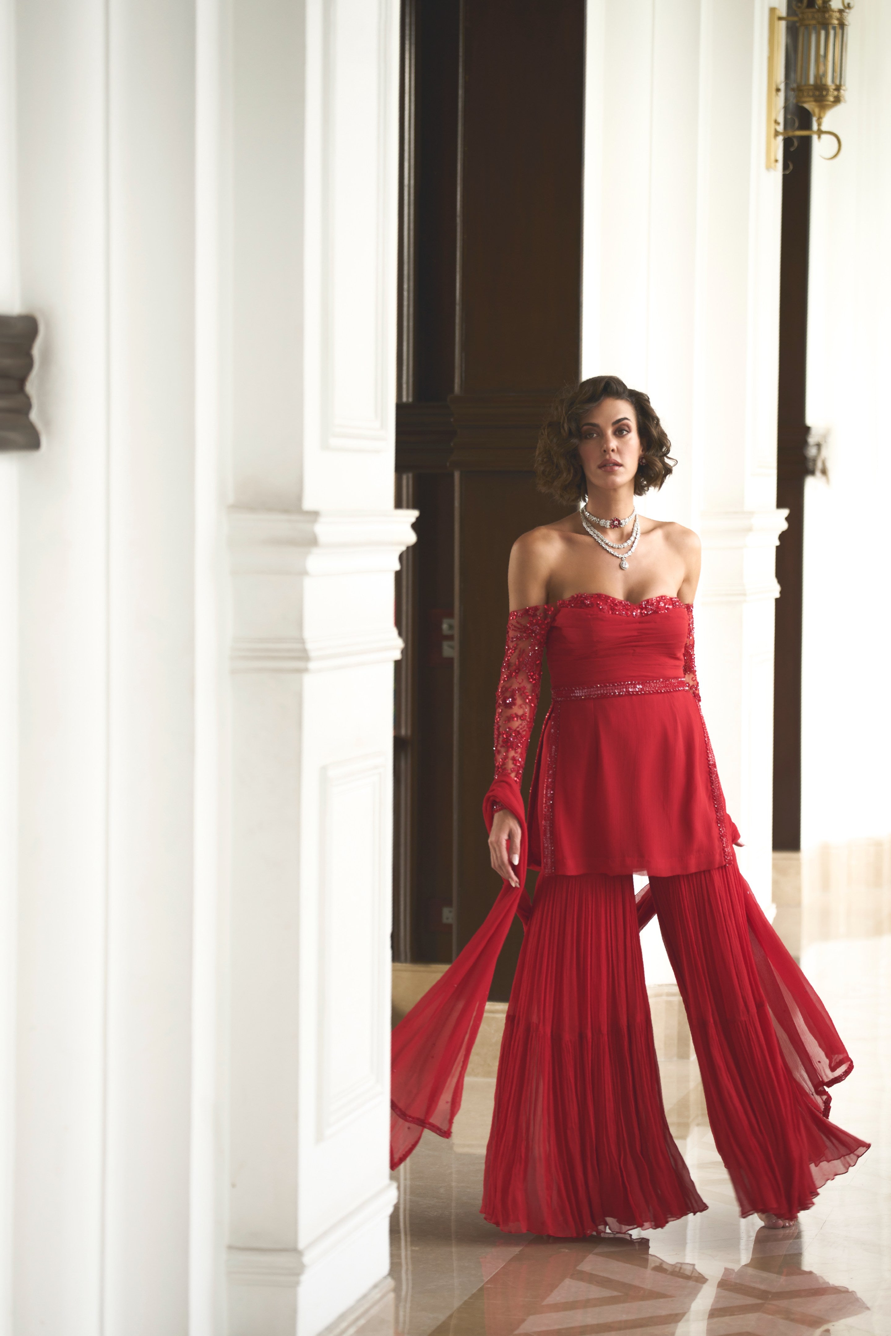Roma – red chiffon suit, bisouNYC