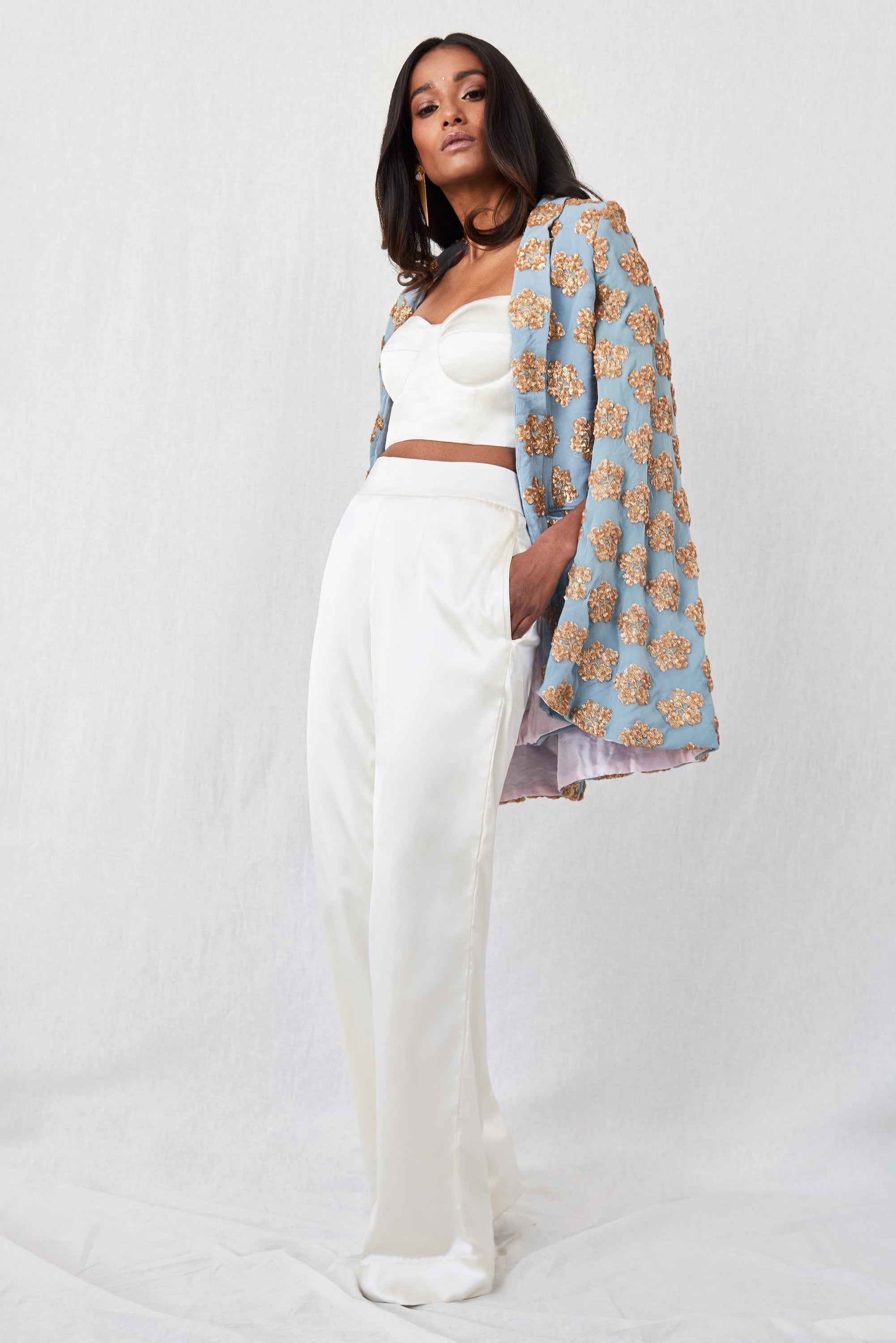 Saira – blue georgette suit, bisouNYC