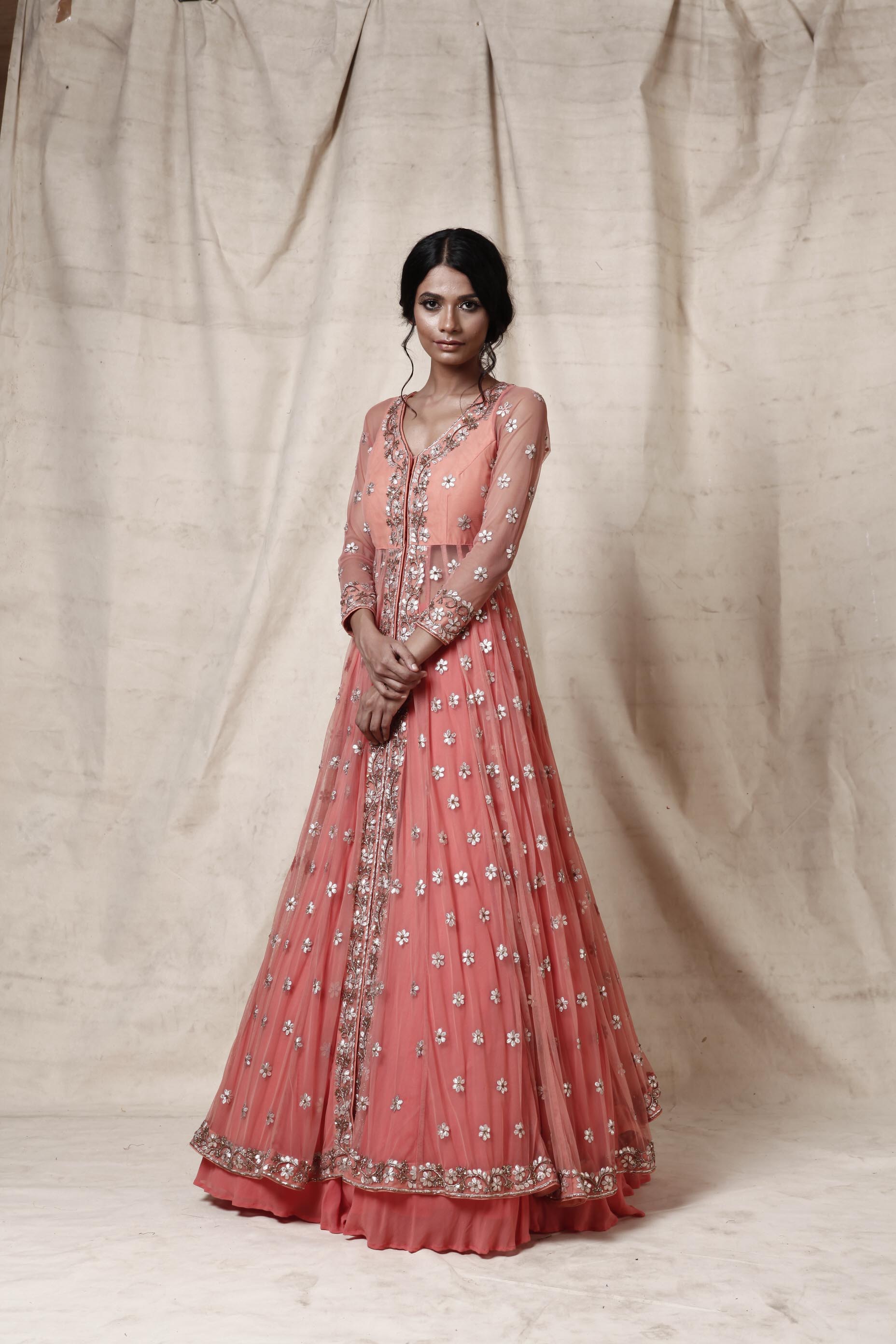 Sapna – coral georgette lehenga, bisouNYC
