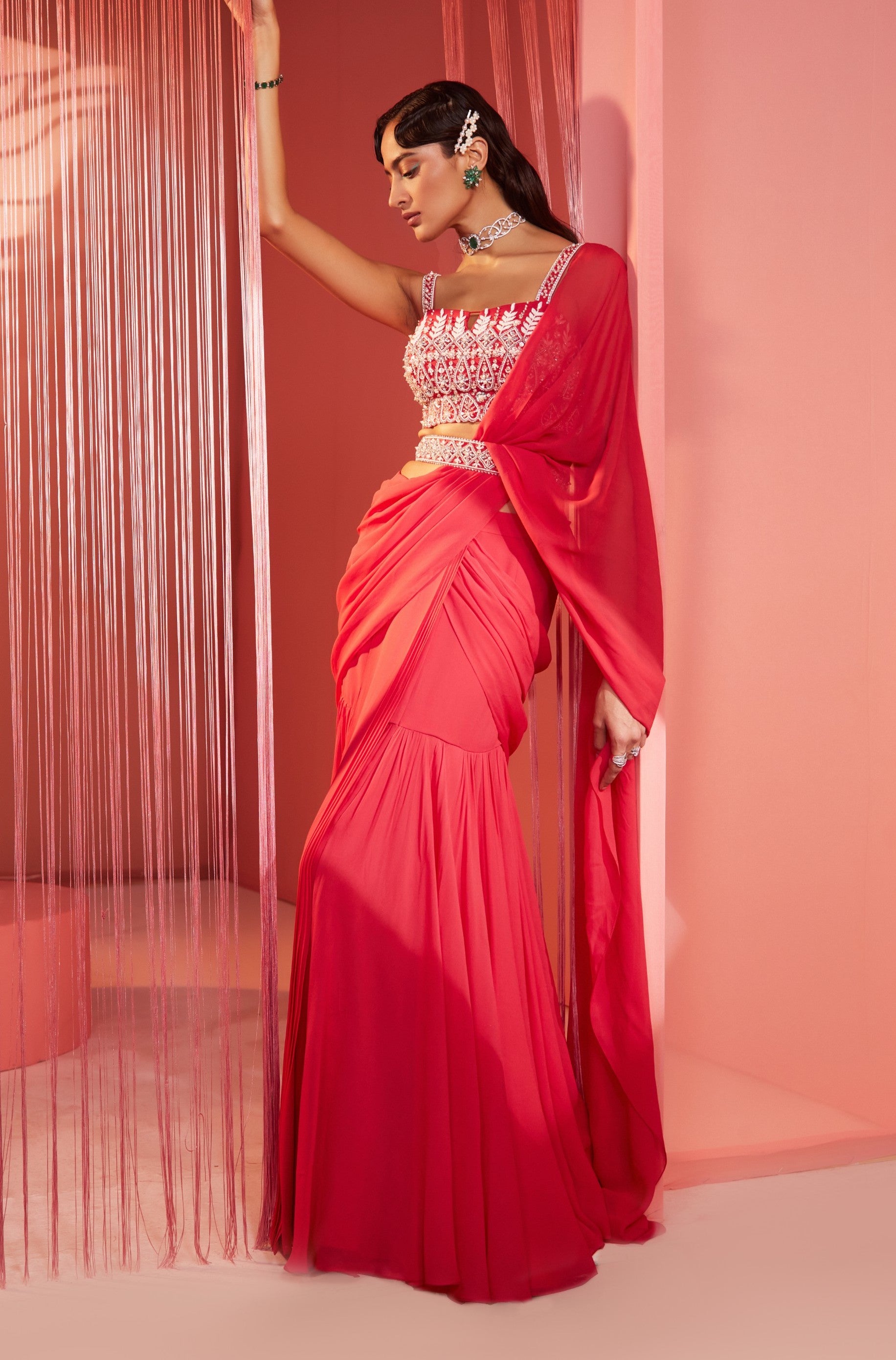Seema – coral georgette saree, bisouNYC
