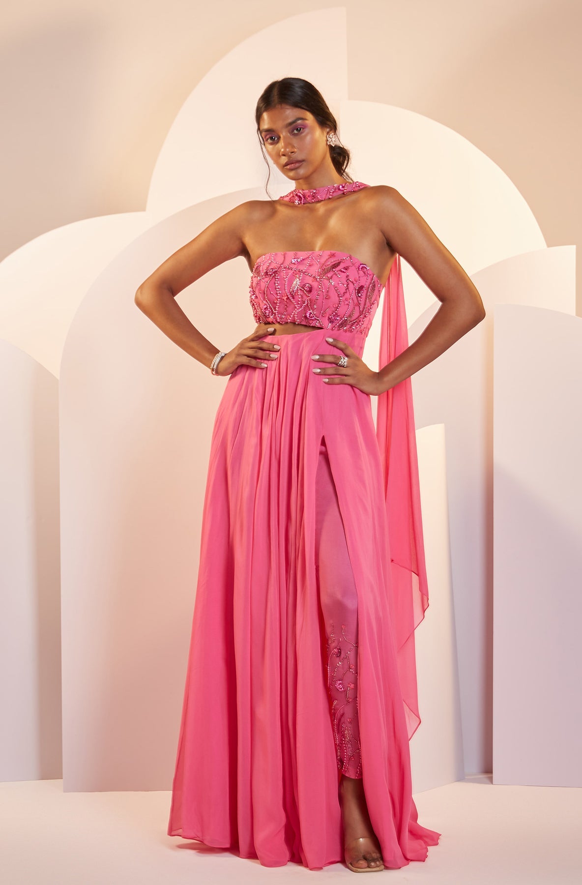 Selena – pink crepe suit, bisouNYC