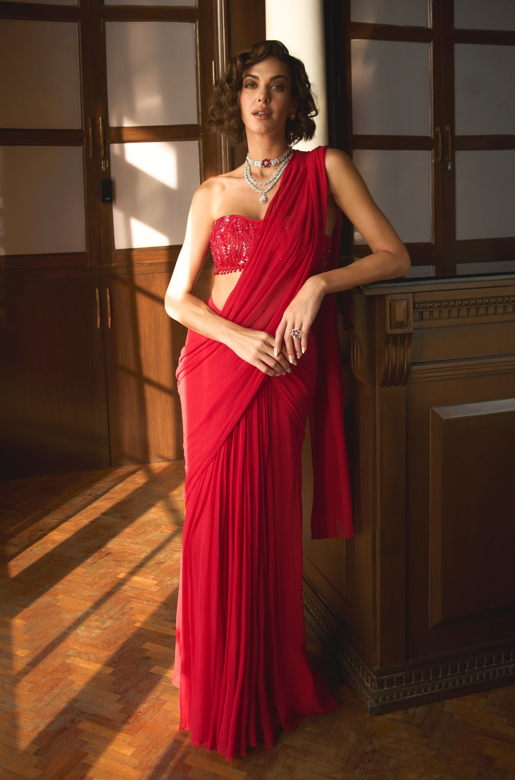 Sheila – red chiffon saree, bisouNYC