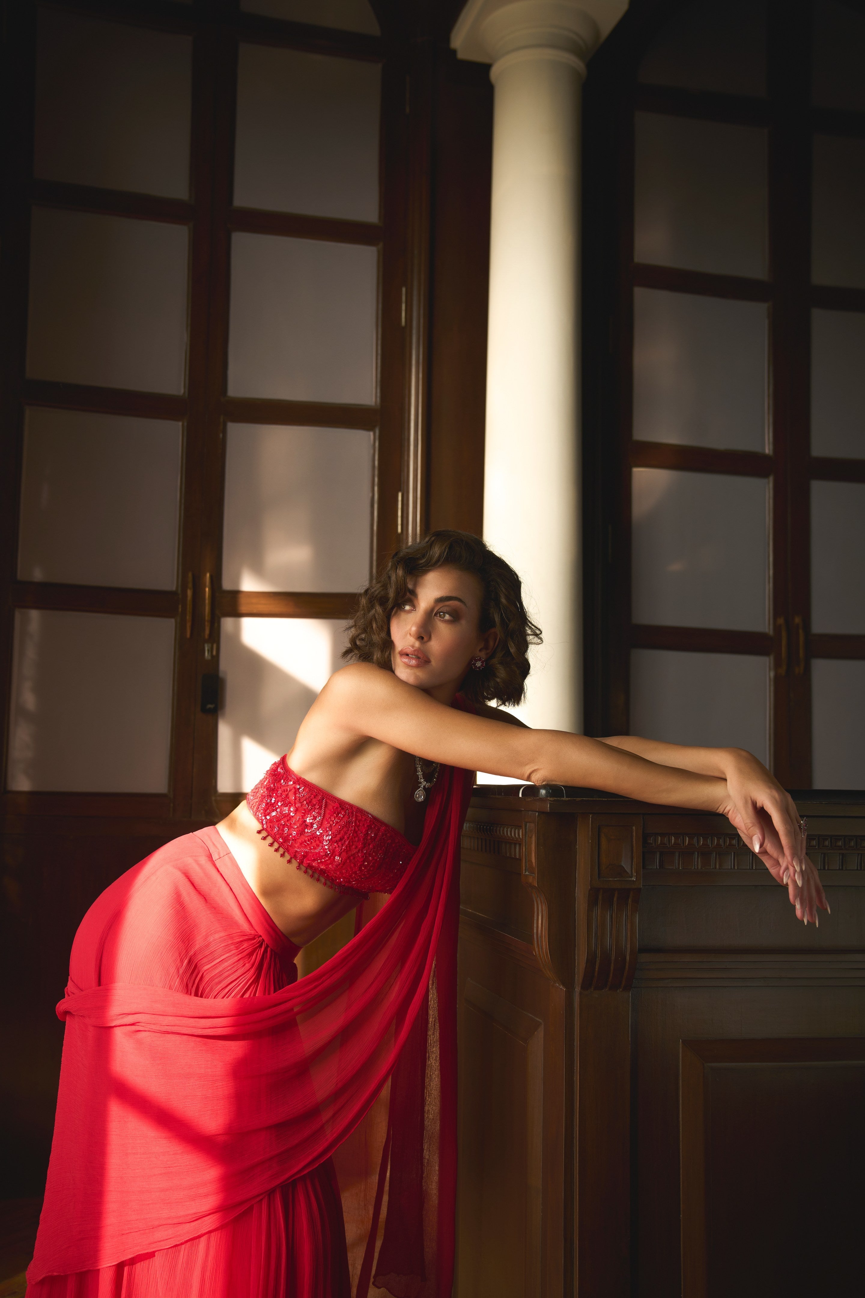 Sheila – red chiffon saree, bisouNYC