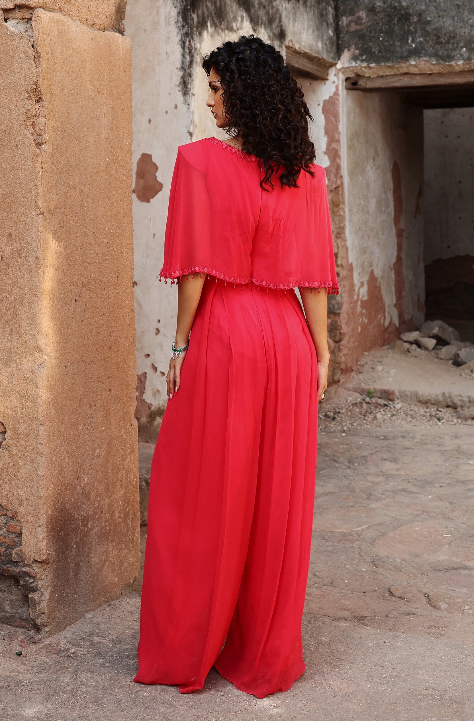 Trisha – coral georgette suit, bisouNYC