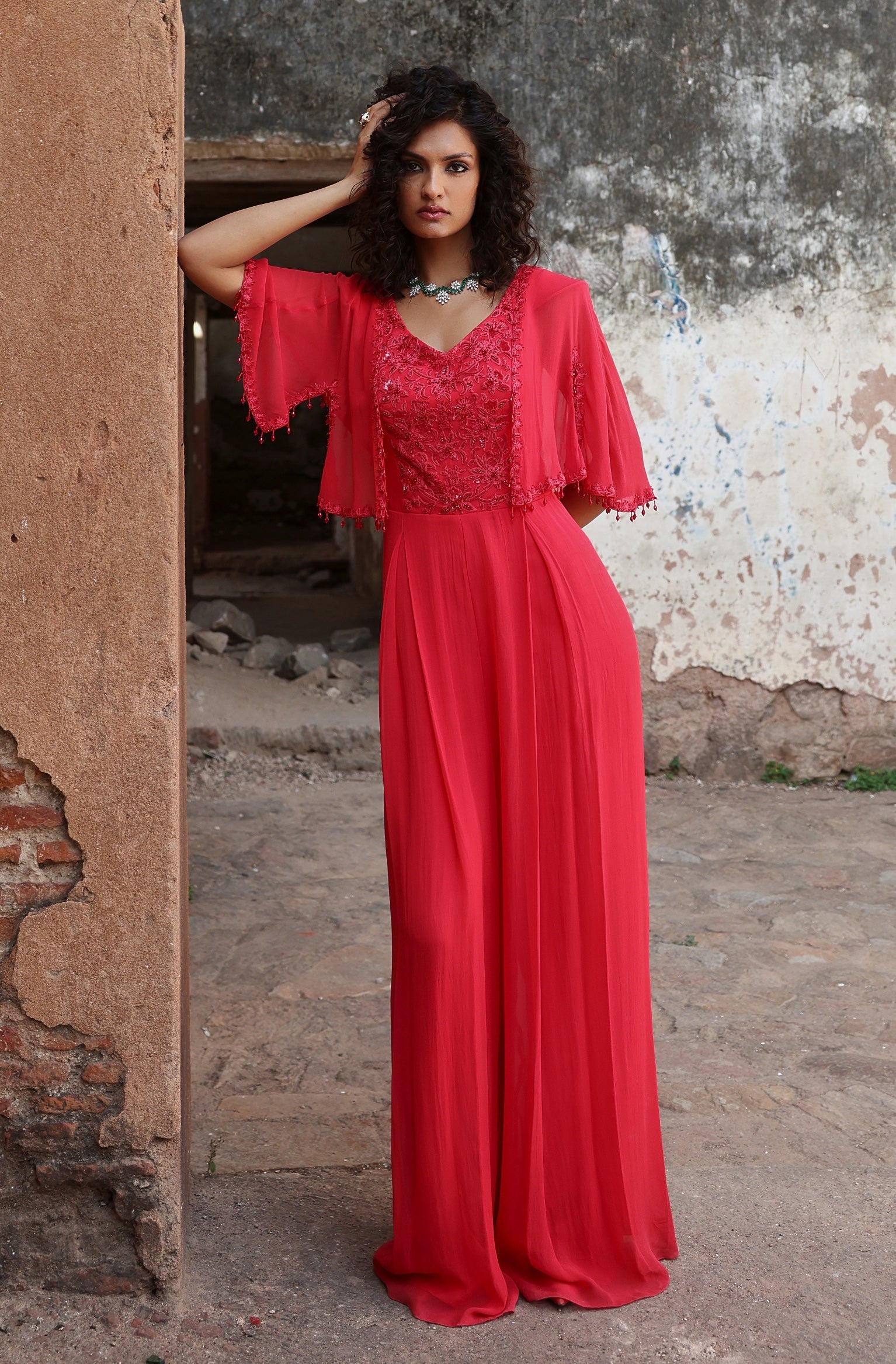 Trisha – coral georgette suit, bisouNYC